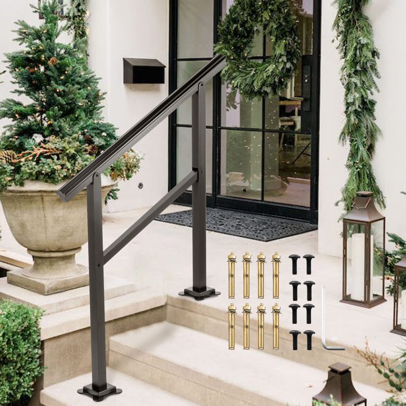 Vevor Handrail For Outdoor Steps, 2-3 Steps Outdoor Handrail, Adjustable Aluminum Staircase Handrail, Thickened Stair Railings For Porch Railing, Deck Handrail