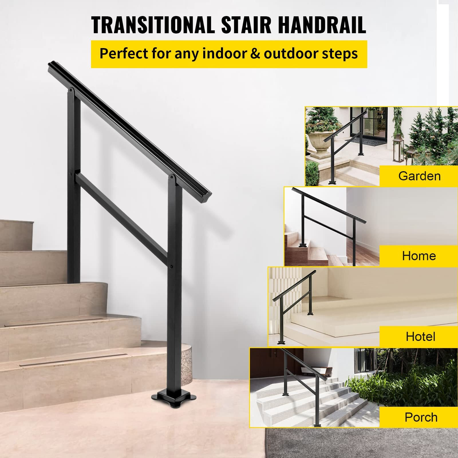Vevor Handrail For Outdoor Steps, 2-3 Steps Outdoor Handrail, Adjustable Aluminum Staircase Handrail, Thickened Stair Railings For Porch Railing, Deck Handrail