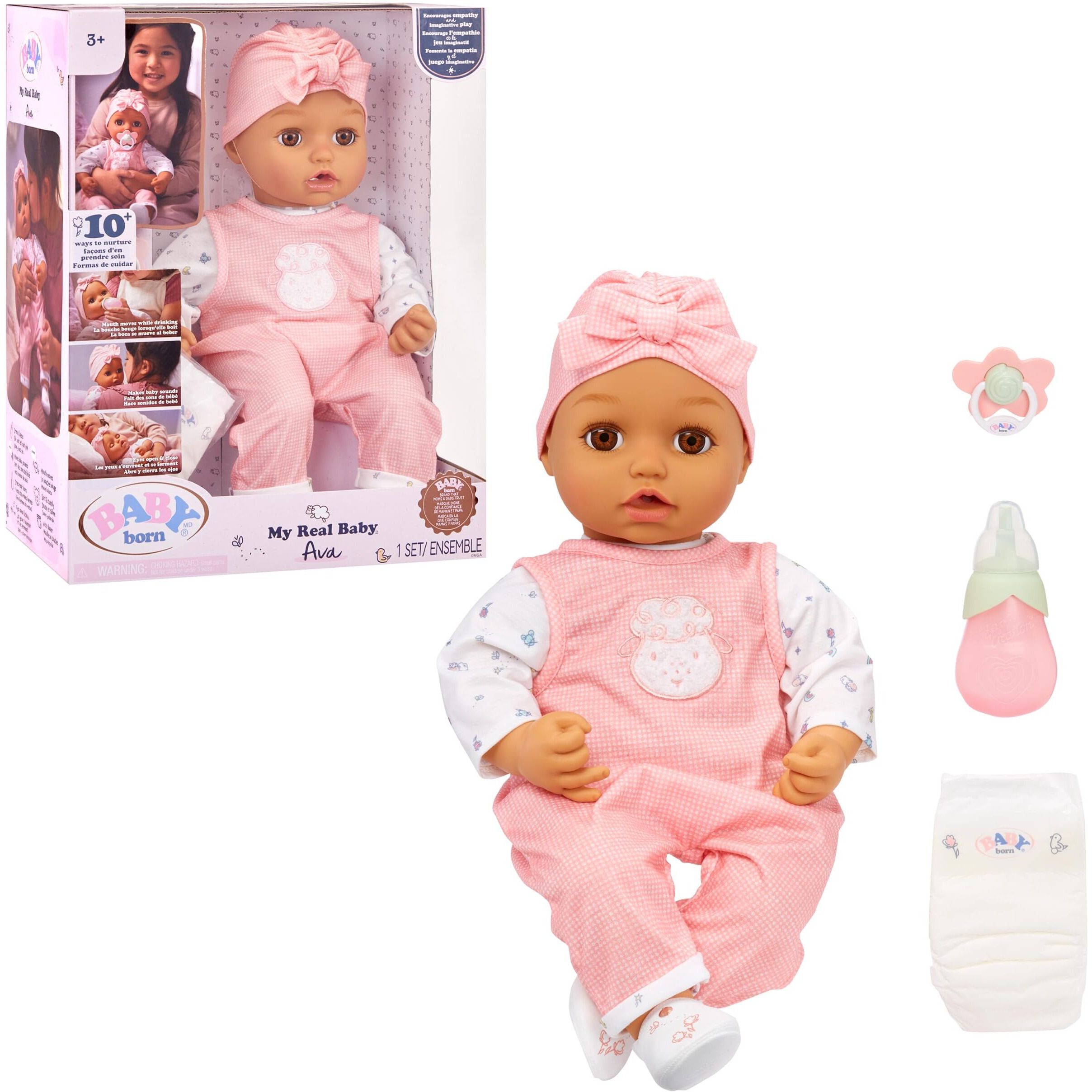 Baby Born My Real Baby Doll Ava - Light Brown Eyes Realistic Soft-Bodied Baby Doll Ages 3 & Up, Sound Effects, Drinks & Wets, Mouth Moves, Cries Real Tears, Eyes Open & Close, Pacifier