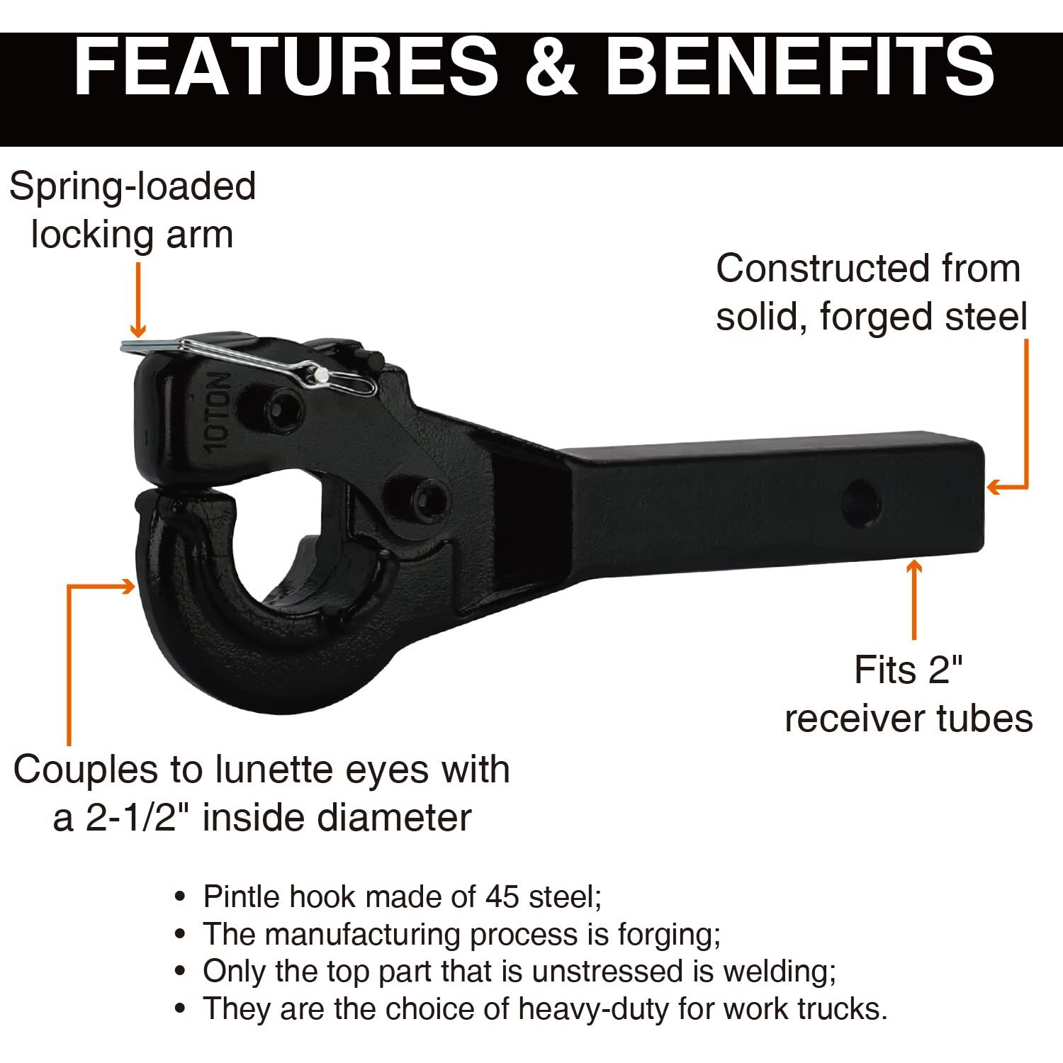 Onltco Pintle Hitch Receiver Hook 10 Ton For 2 Hitches Hitch Hook Military Receiver 20000Lbs