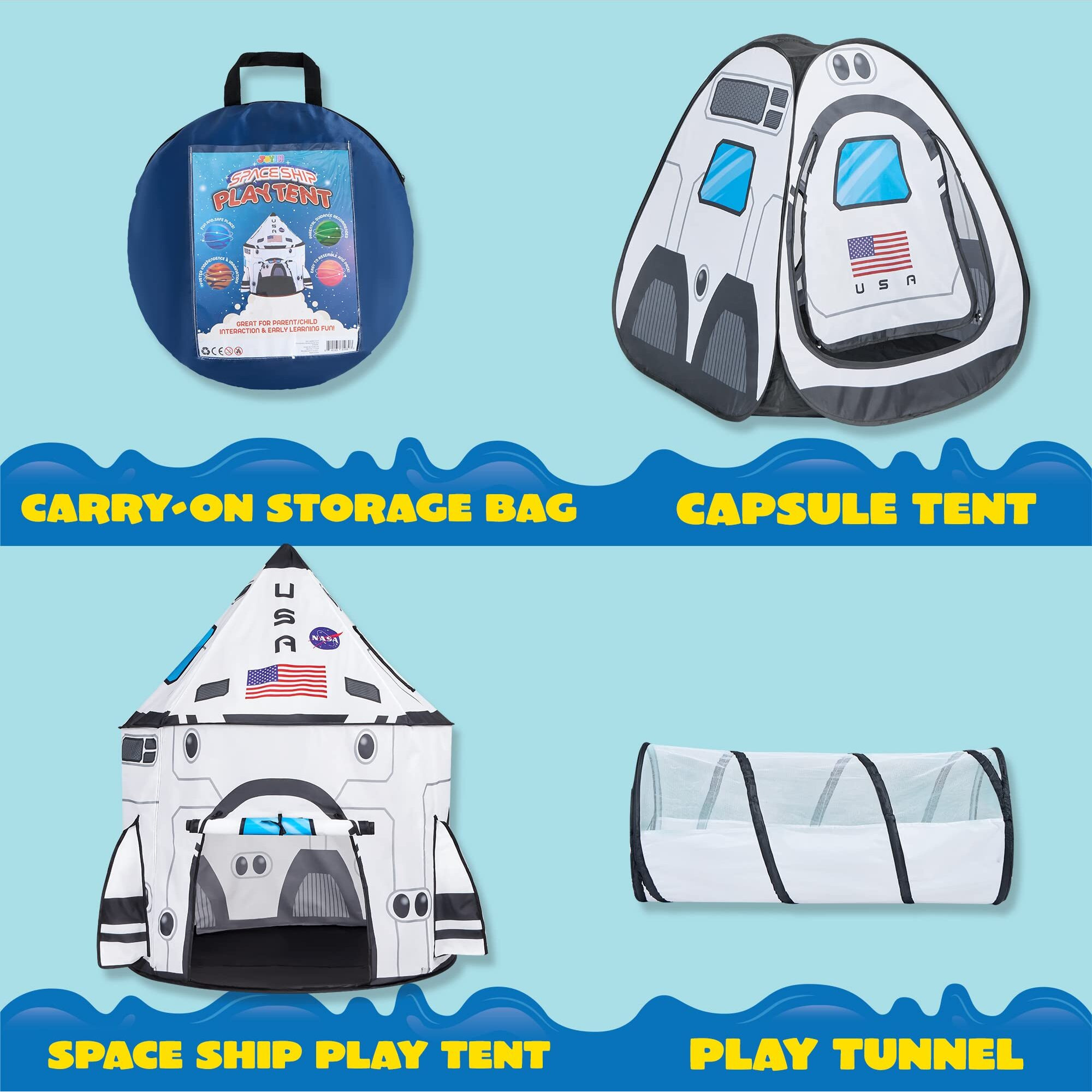 Joyin White Rocket Ship Pop Up Play Tent With Tunnel And Playhouse Kids Indoor Outdoor Spaceship Tent Set