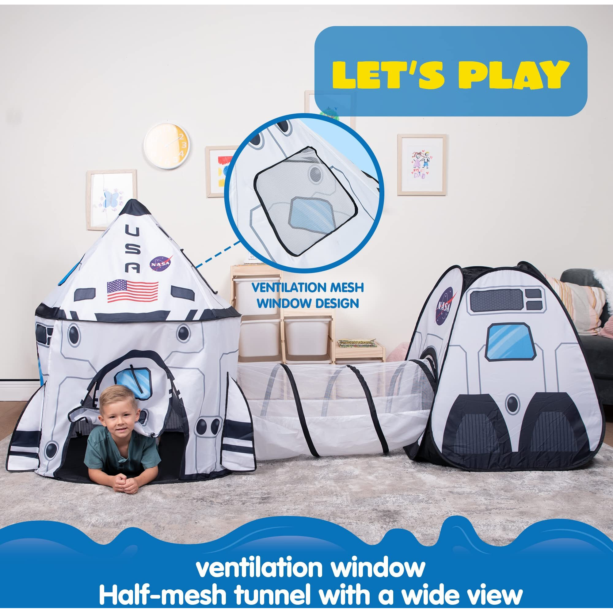 Joyin White Rocket Ship Pop Up Play Tent With Tunnel And Playhouse Kids Indoor Outdoor Spaceship Tent Set