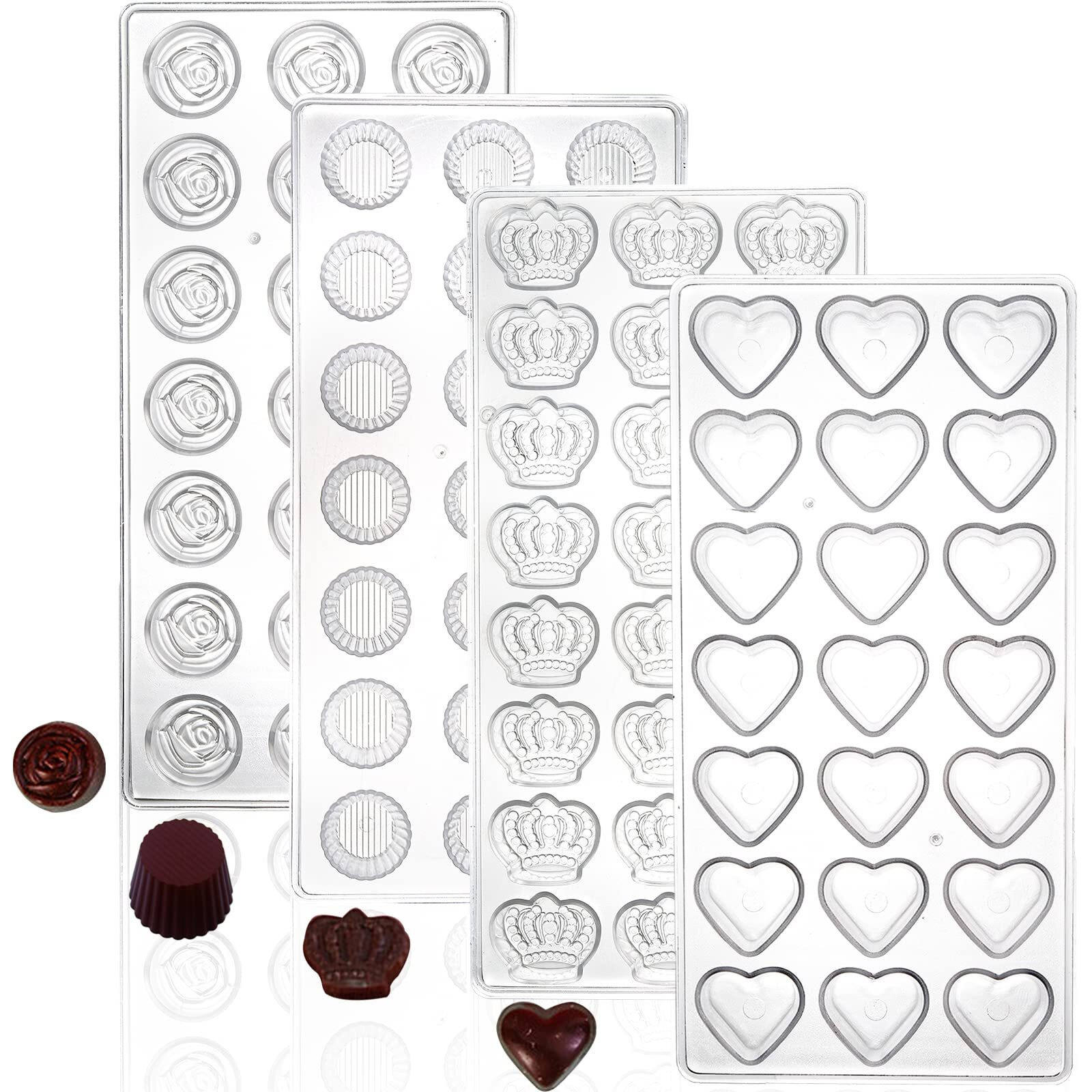 Zeayea 4 Pack 87 Grids Polycarbonate Chocolate Mold, Candy Making Mold, Diy Mold Cookie Tray For Mousse Jelly Candy Chocolate, Cup, Heart, Rose, Crown Shape