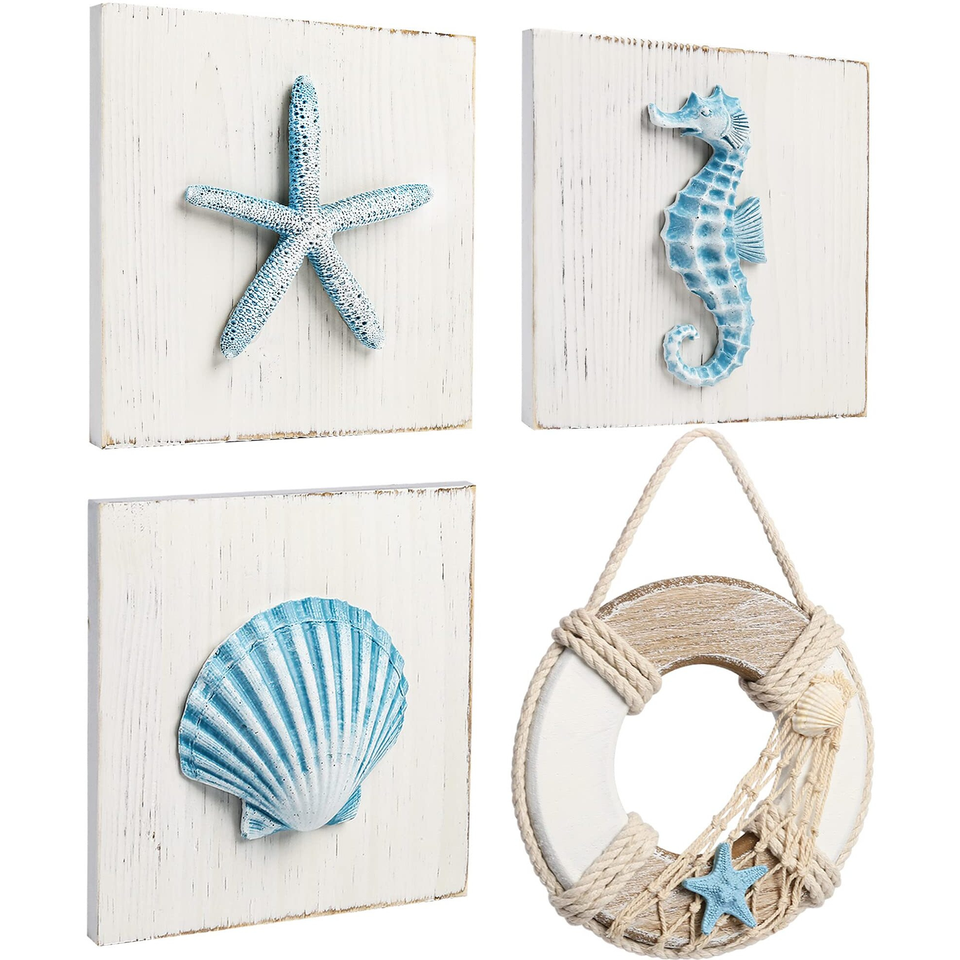 Lotfancy Beach Wall Dcor, 4 Pack, 3D Seashell, Starfish, Seahorse And Lifesaver Buoy Decorations On Wood Board, Rustic Ocean Coastal Themed Wall Art For Bathroom, Living Room, Bedroom (6 X 6)