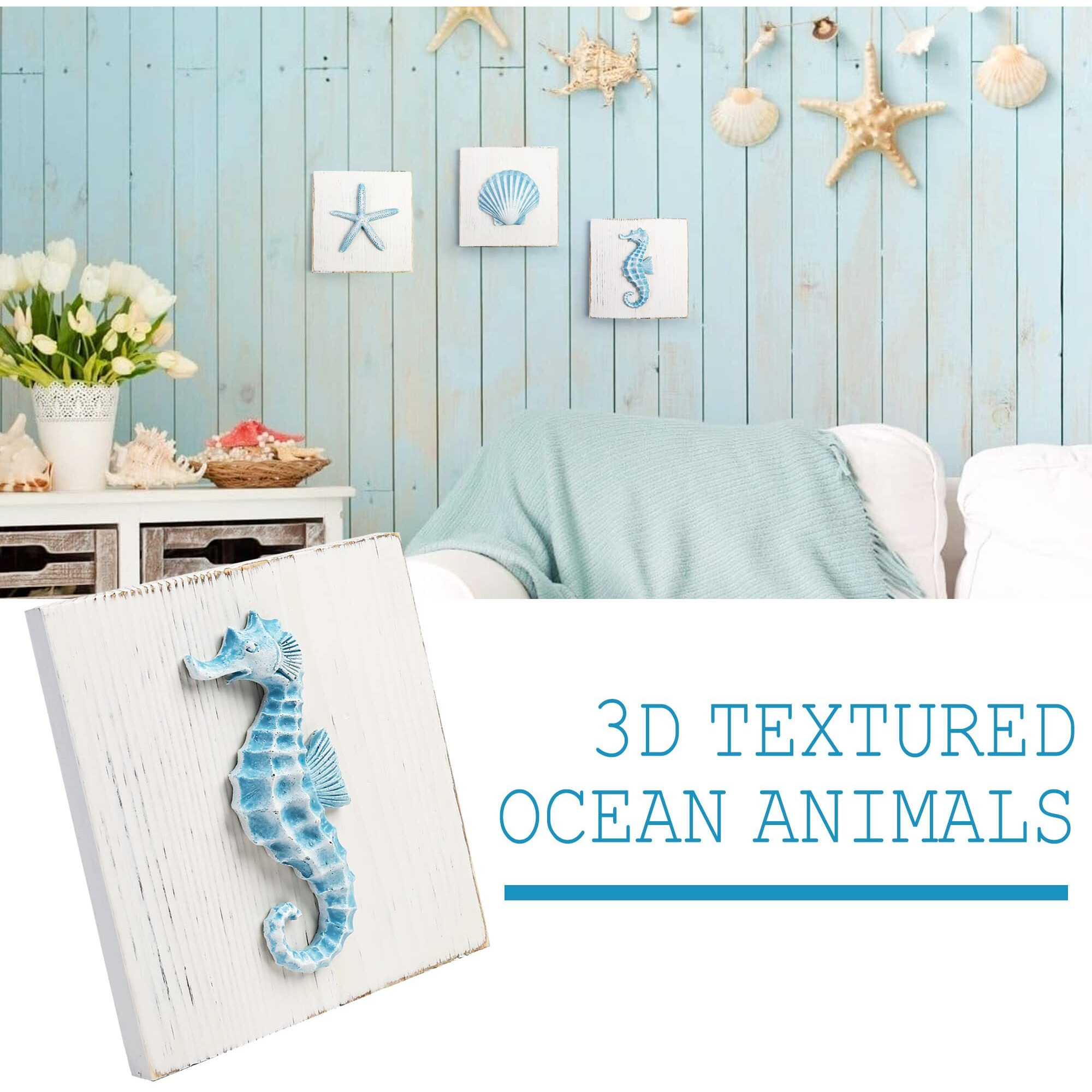 Lotfancy Beach Wall Dcor, 4 Pack, 3D Seashell, Starfish, Seahorse And Lifesaver Buoy Decorations On Wood Board, Rustic Ocean Coastal Themed Wall Art For Bathroom, Living Room, Bedroom (6 X 6)