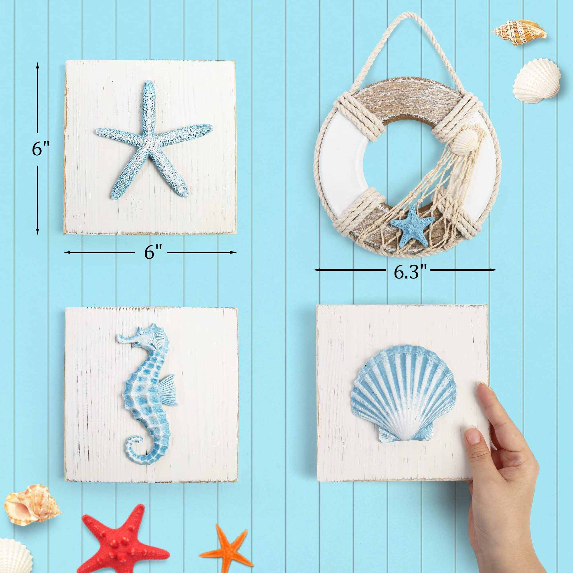 Lotfancy Beach Wall Dcor, 4 Pack, 3D Seashell, Starfish, Seahorse And Lifesaver Buoy Decorations On Wood Board, Rustic Ocean Coastal Themed Wall Art For Bathroom, Living Room, Bedroom (6 X 6)