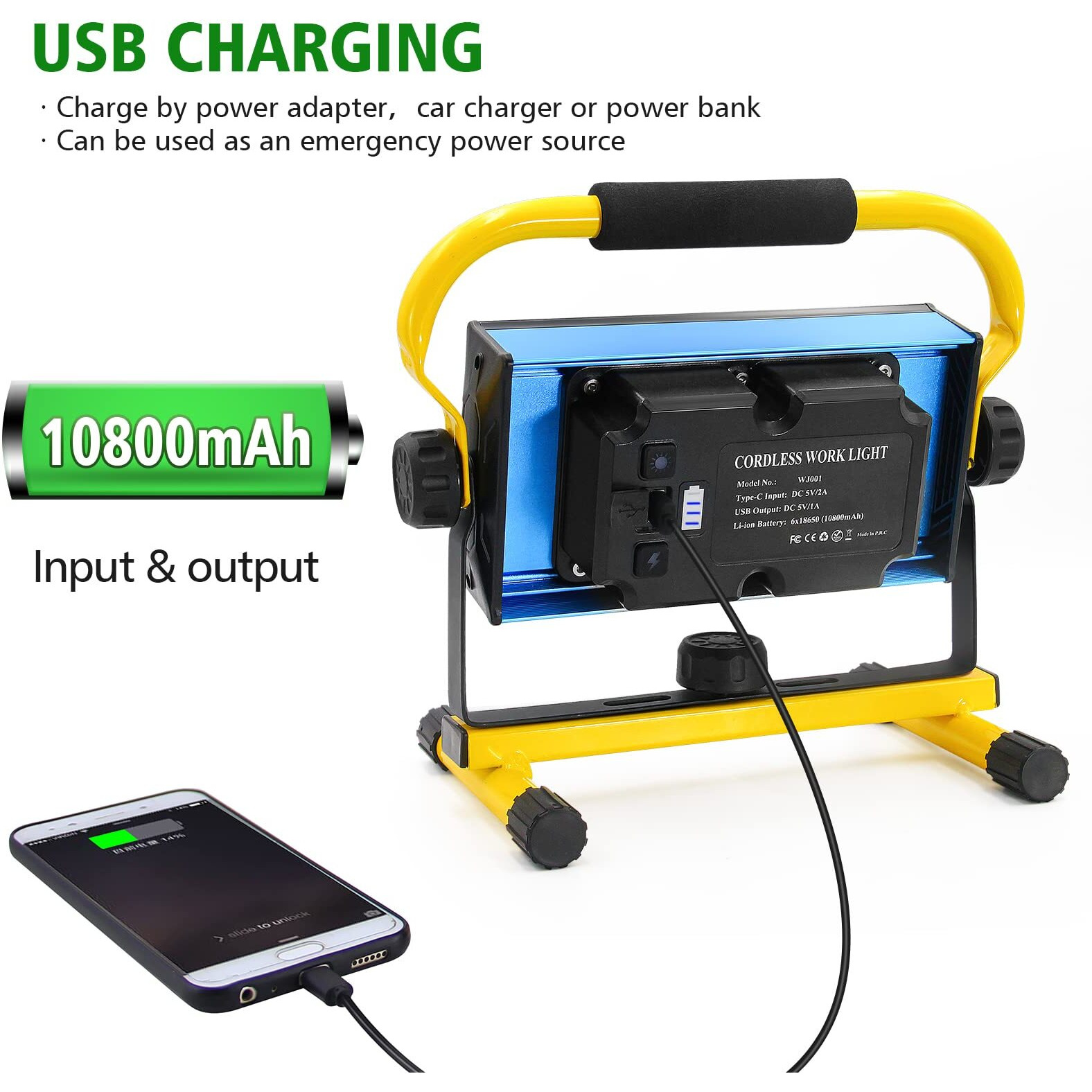 Tresda 100W Cob Rechargeable Work Light, 7000Lm Cordless Led Work Lights, Waterproof Portable Flood Light With Stand For Outdoor Camping, Hiking, Garage, Car Repairing, Workshop Job Site Lighting