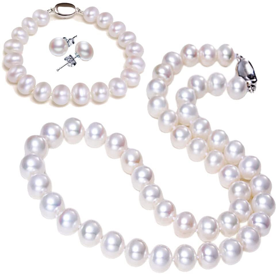 Yongman Freshwater Cultured Pearl Necklace Set Includes Stunning Bracelet And Stud Earrings Jewelry Set For Women