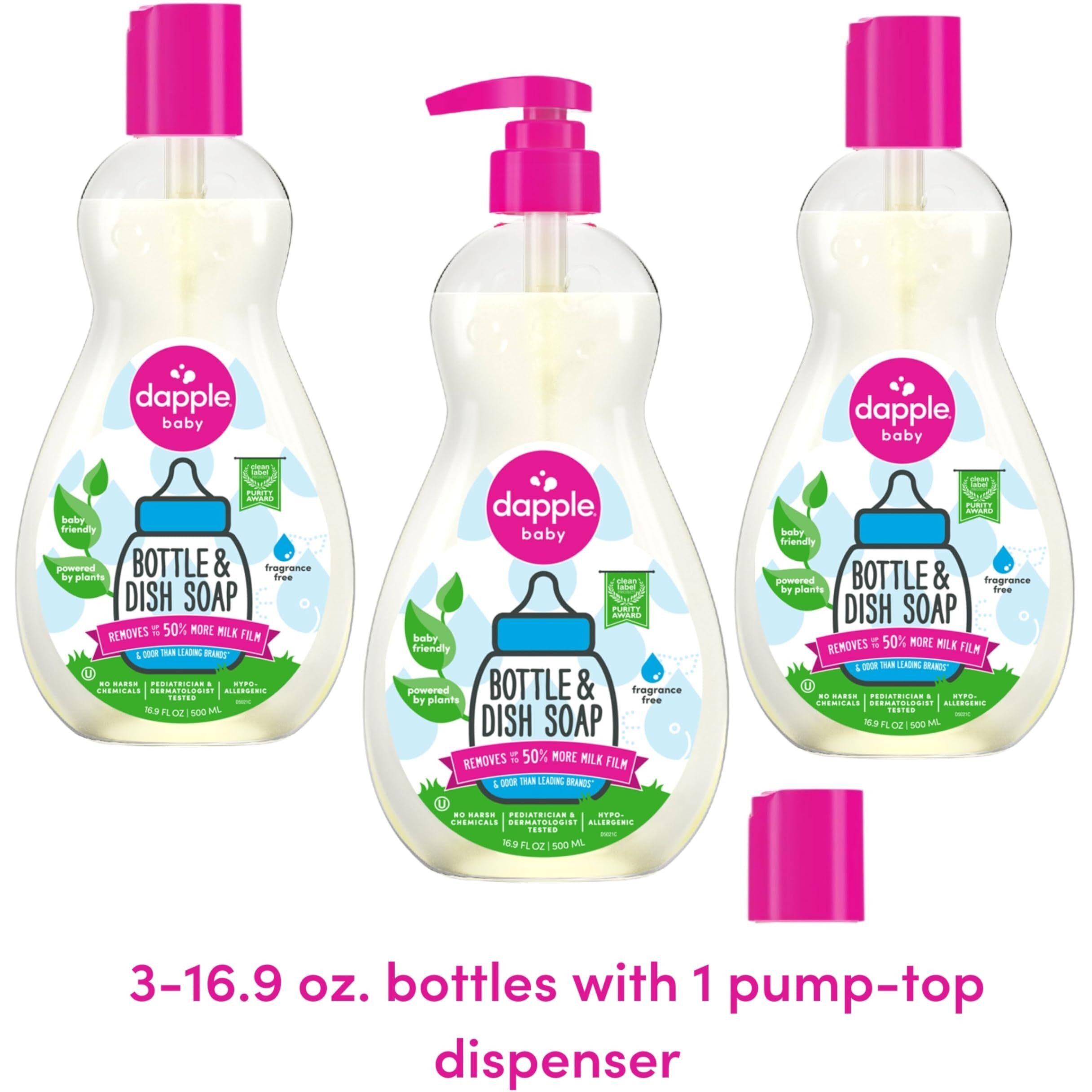 Dapple Baby, Bottle And Dish Soap Dish Liquid Plant Based Hypoallergenic 1 Pump Included, Packaging May Vary, Fragrance Free, 16.9 Fl Oz (Pack Of 3)