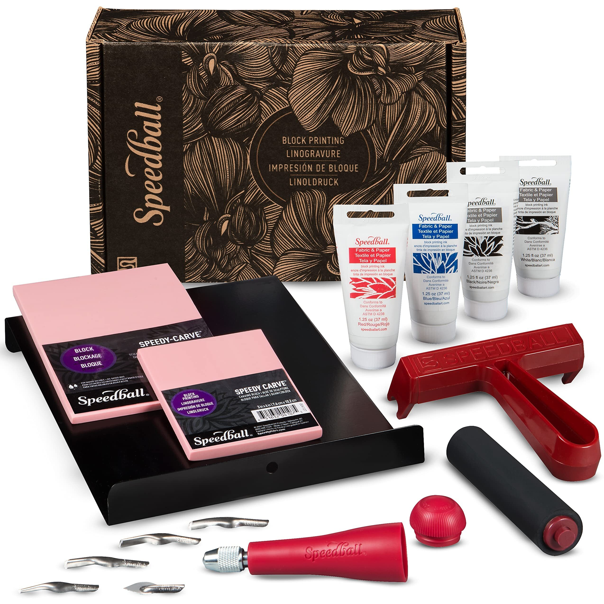 Speedball Block Printing Fabric Deluxe Kit, 14 Pieces, Includes Inks, Brayer, Bench Hook, Lino Handle And Cutters, Speedy-Carve Relief Blocks