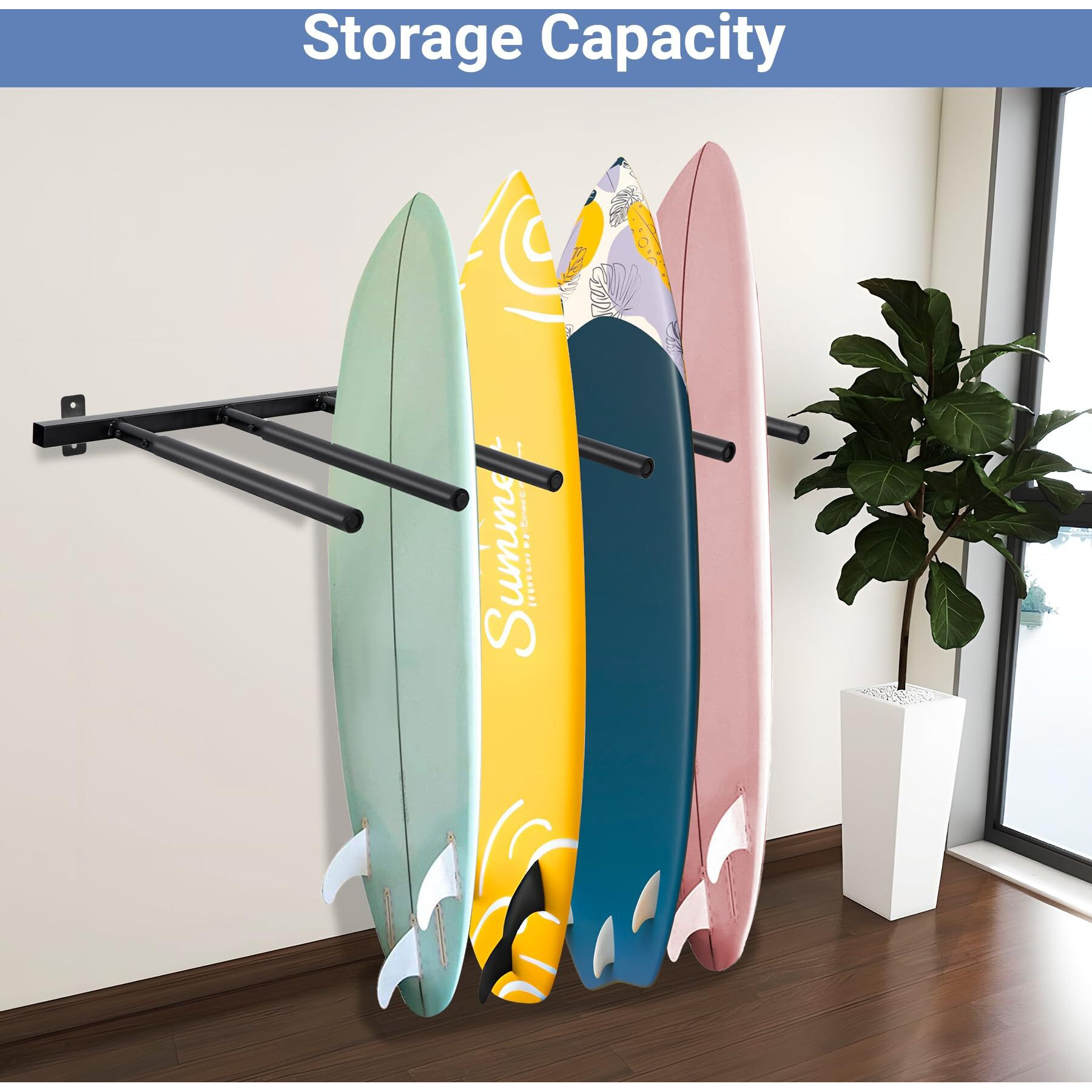 Neorexon Surfboard Rack Wall Mount 6 Arms, Surfboard Rack For Wall With Rubber Mat, Vertical Paddle Board Storage Holds 6 Boards Storage Mount System At Home And Garage