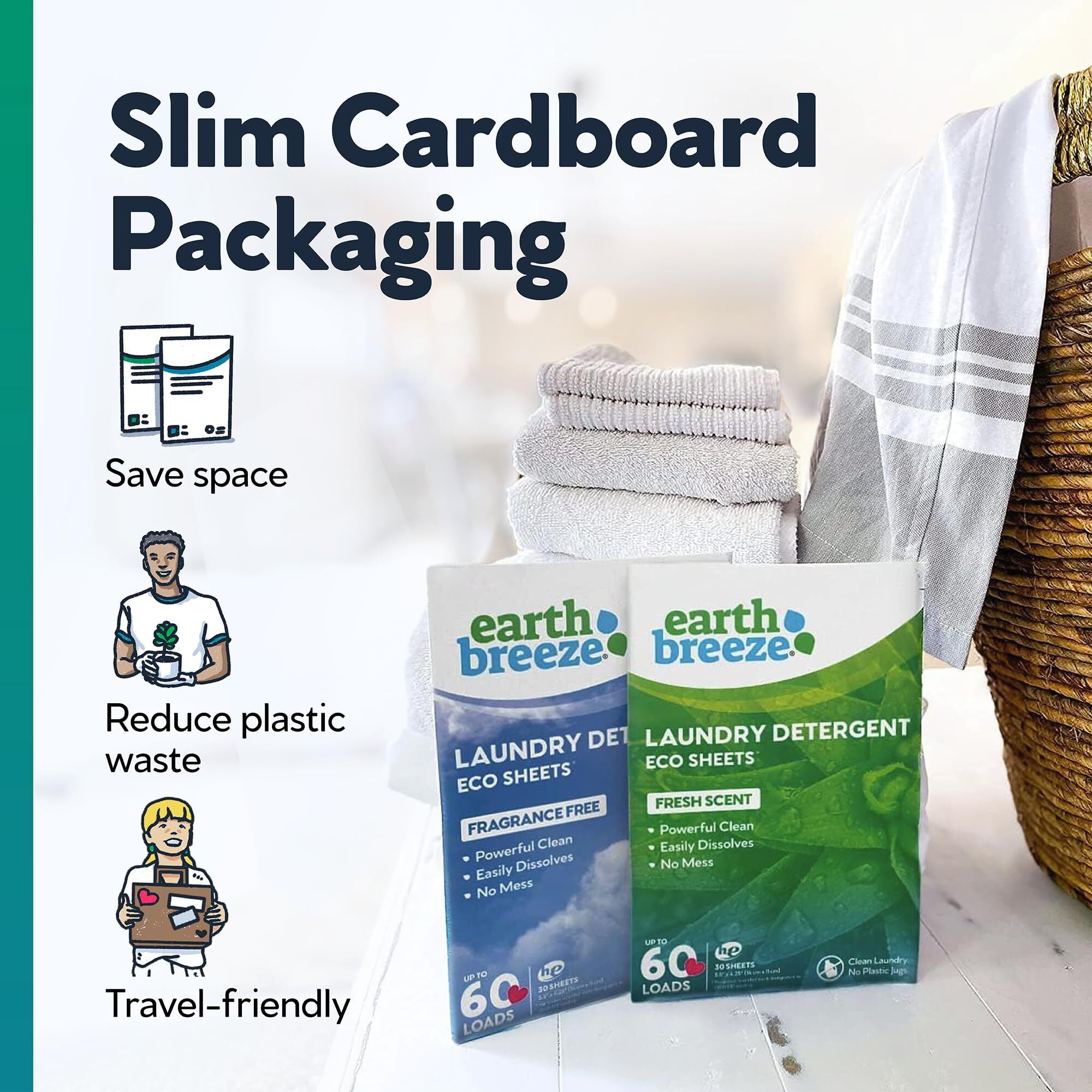 Earth Breeze Laundry Detergent Sheets - 30 Detergent Sheets - 60 Loads - Concentrated Liquidless Laundry Soap - No Plastic Jug - Fragrance-Free
