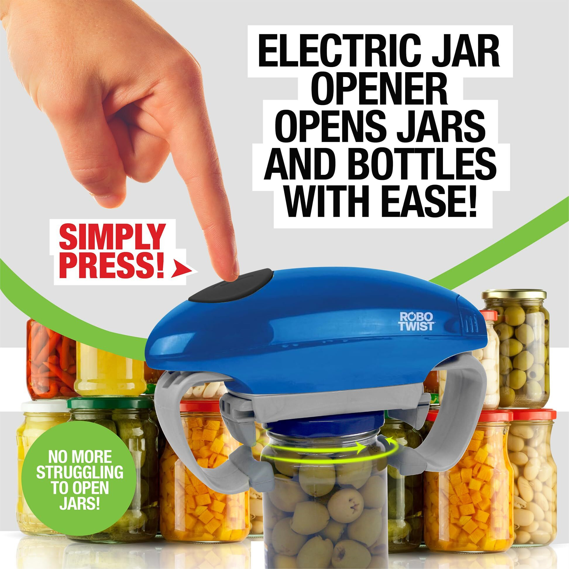 Robotwist Jar Opener, Automatic Jar Opener, Deluxe Model With Improved Torque, Robo Twist Kitchen Gadgets For Home, Electric Handsfree Easy Jar Opener - Works On All Jar Sizes, As Seen On Tv, Blue