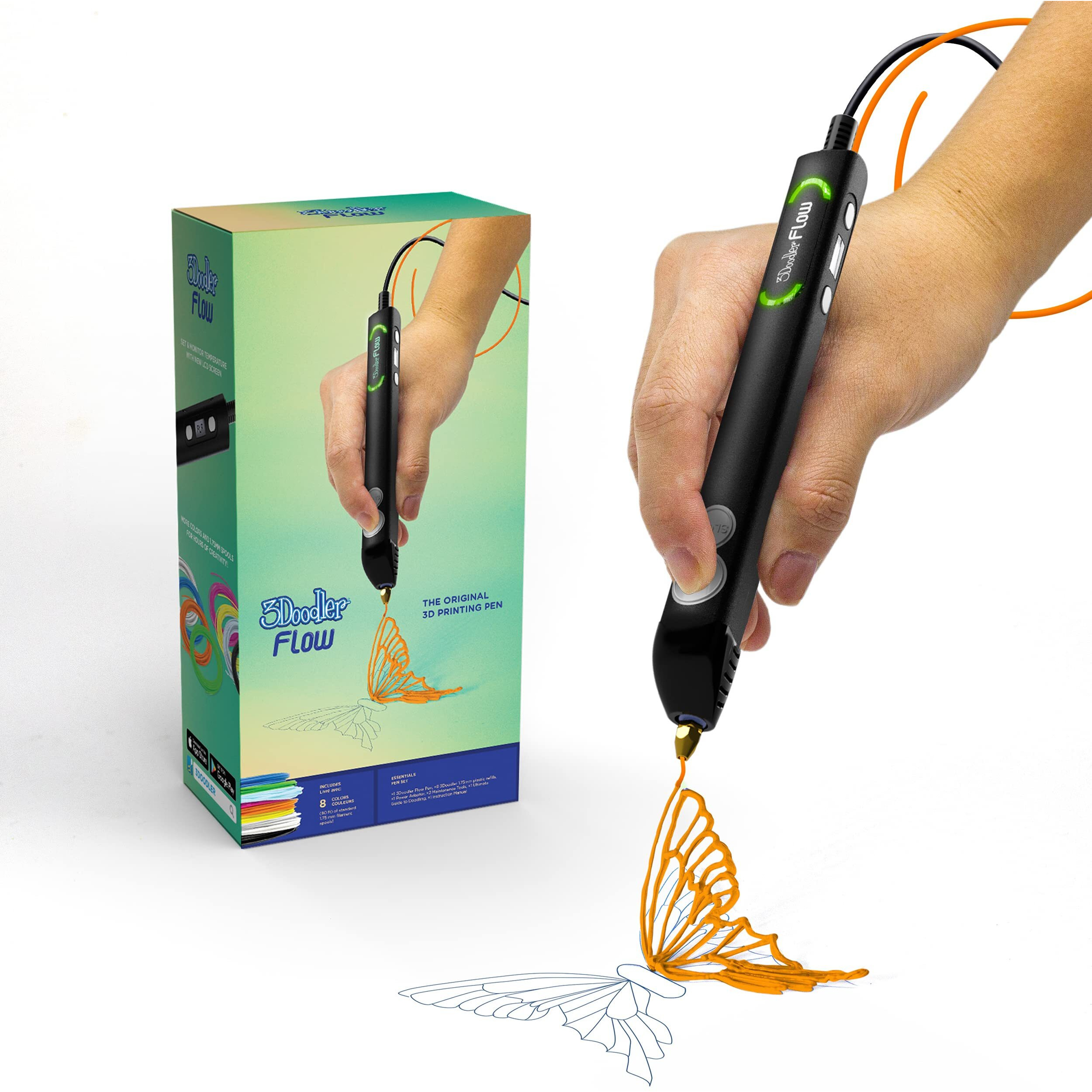 3Doodler Flow 3D Printing Pen For Teens, Adults & Creators - Black - With Free Refill Filaments + Stencil Book + Getting Started Guide