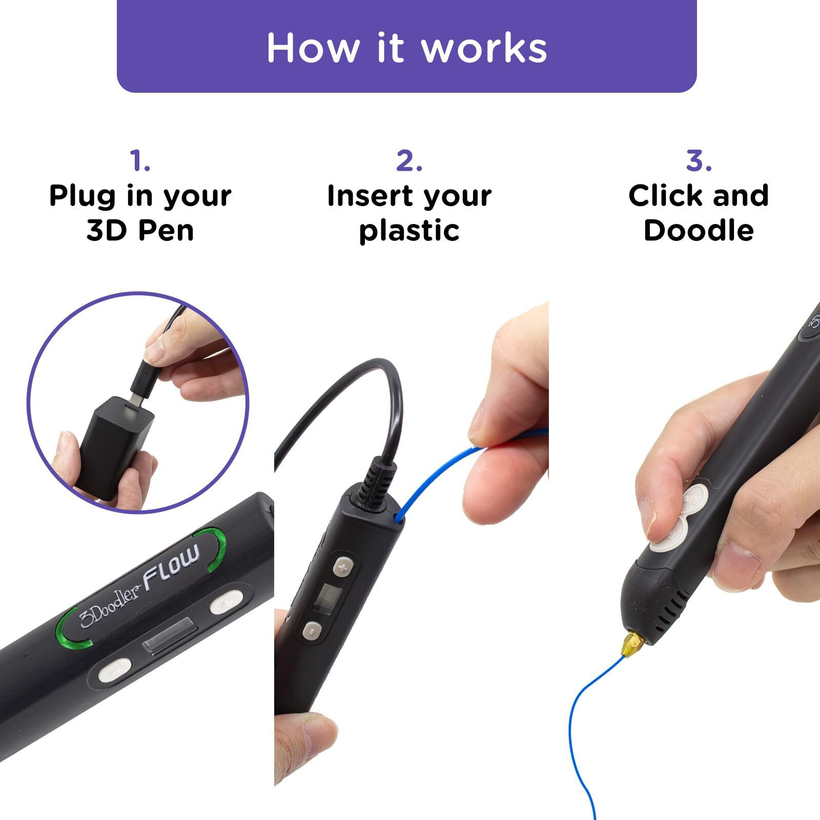 3Doodler Flow 3D Printing Pen For Teens, Adults & Creators - Black - With Free Refill Filaments + Stencil Book + Getting Started Guide