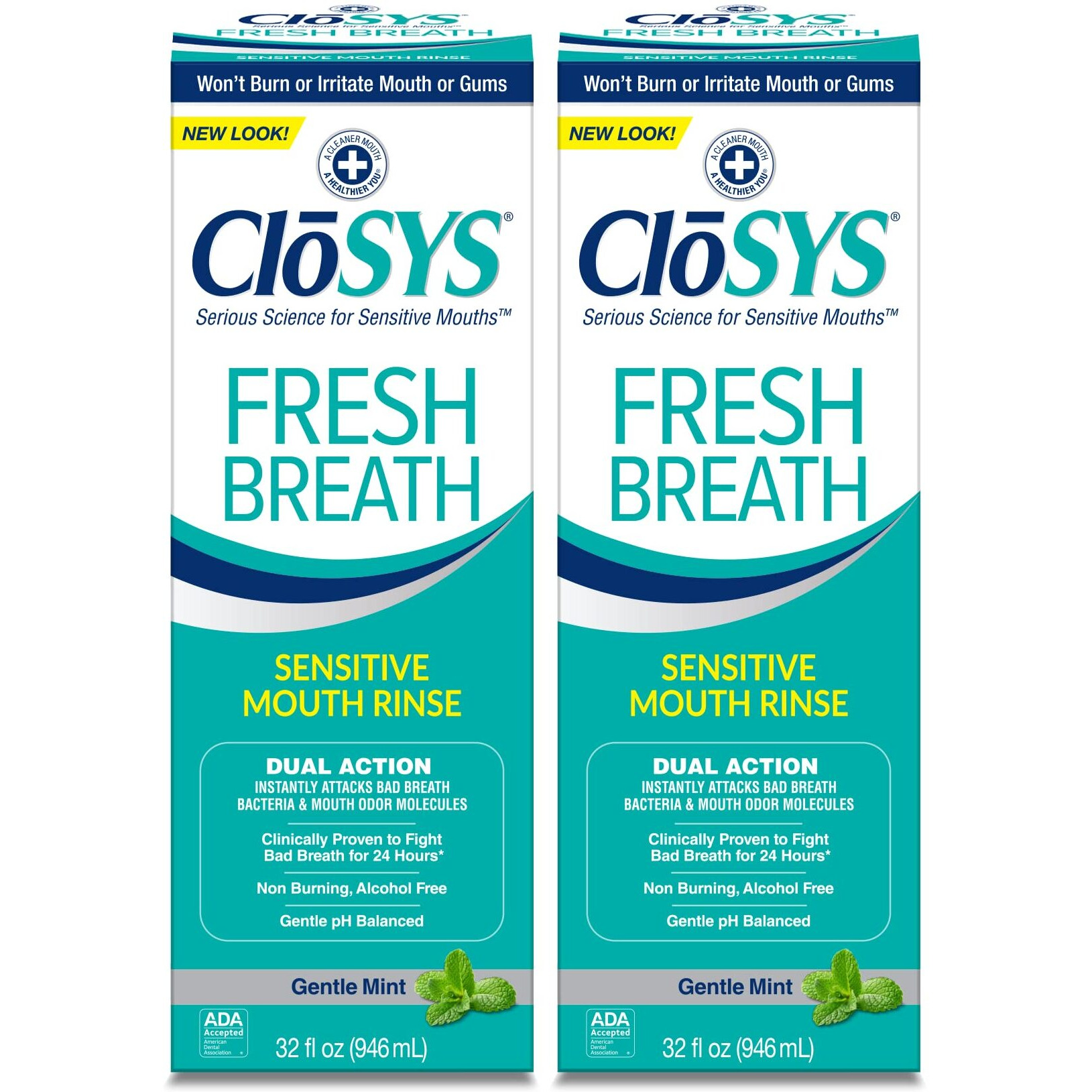 Closys Sensitive Mouthwash, 32 Ounce, 2 Count, Gentle Mint, Alcohol Free, Dye Free, Ph Balanced, Helps Soothe Mouth Sensitivity, Fights Bad Breath