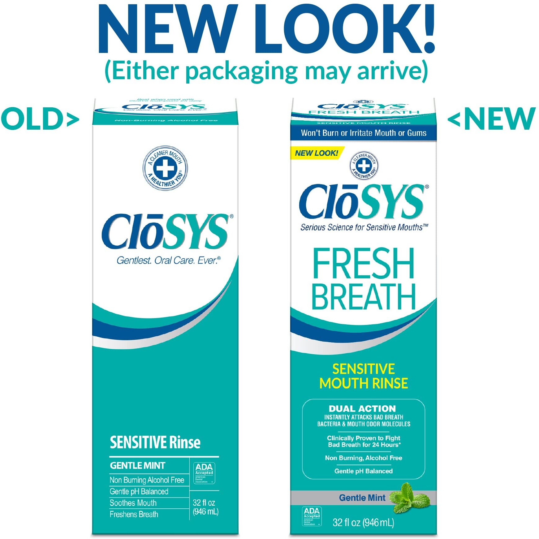 Closys Sensitive Mouthwash, 32 Ounce, 2 Count, Gentle Mint, Alcohol Free, Dye Free, Ph Balanced, Helps Soothe Mouth Sensitivity, Fights Bad Breath