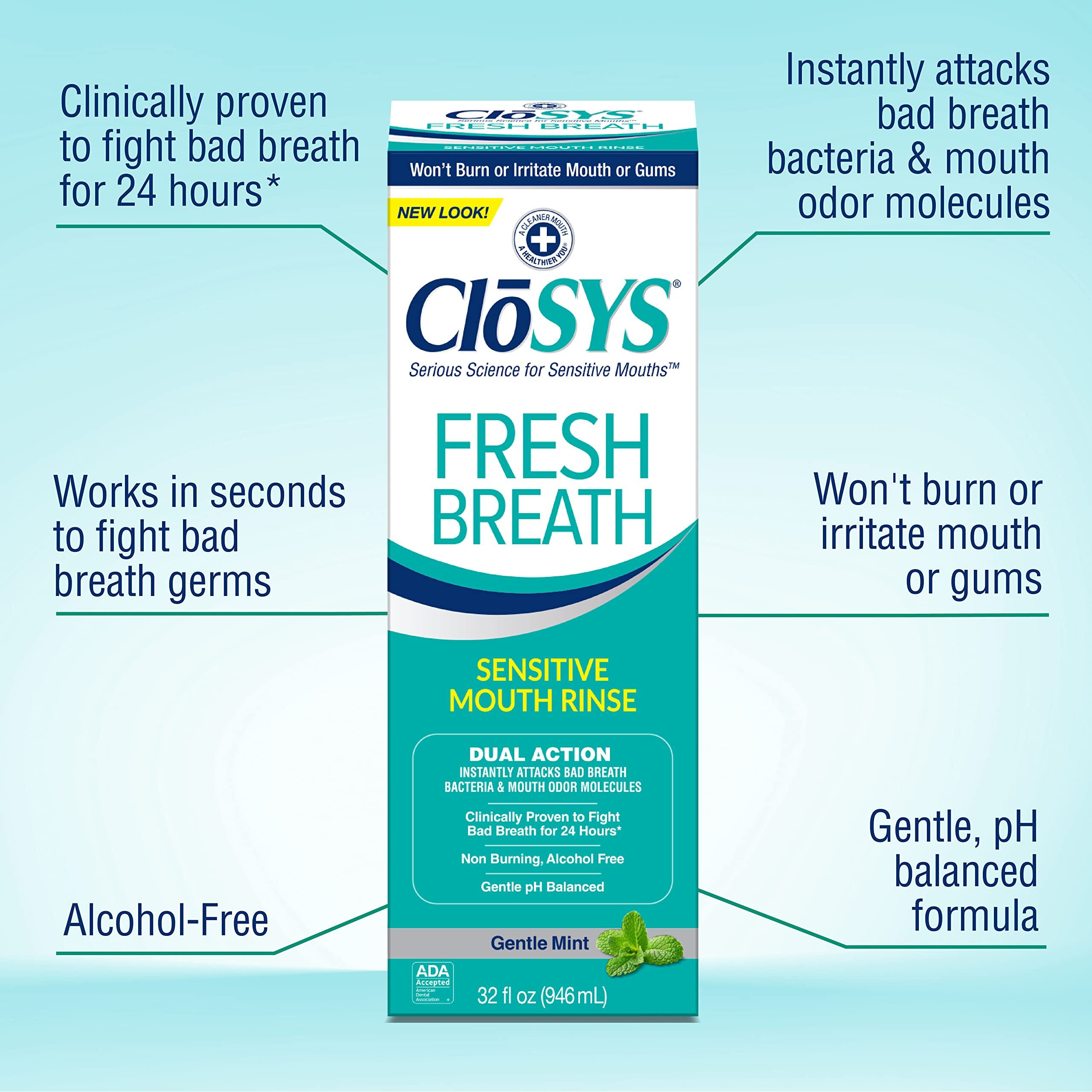 Closys Sensitive Mouthwash, 32 Ounce, 2 Count, Gentle Mint, Alcohol Free, Dye Free, Ph Balanced, Helps Soothe Mouth Sensitivity, Fights Bad Breath