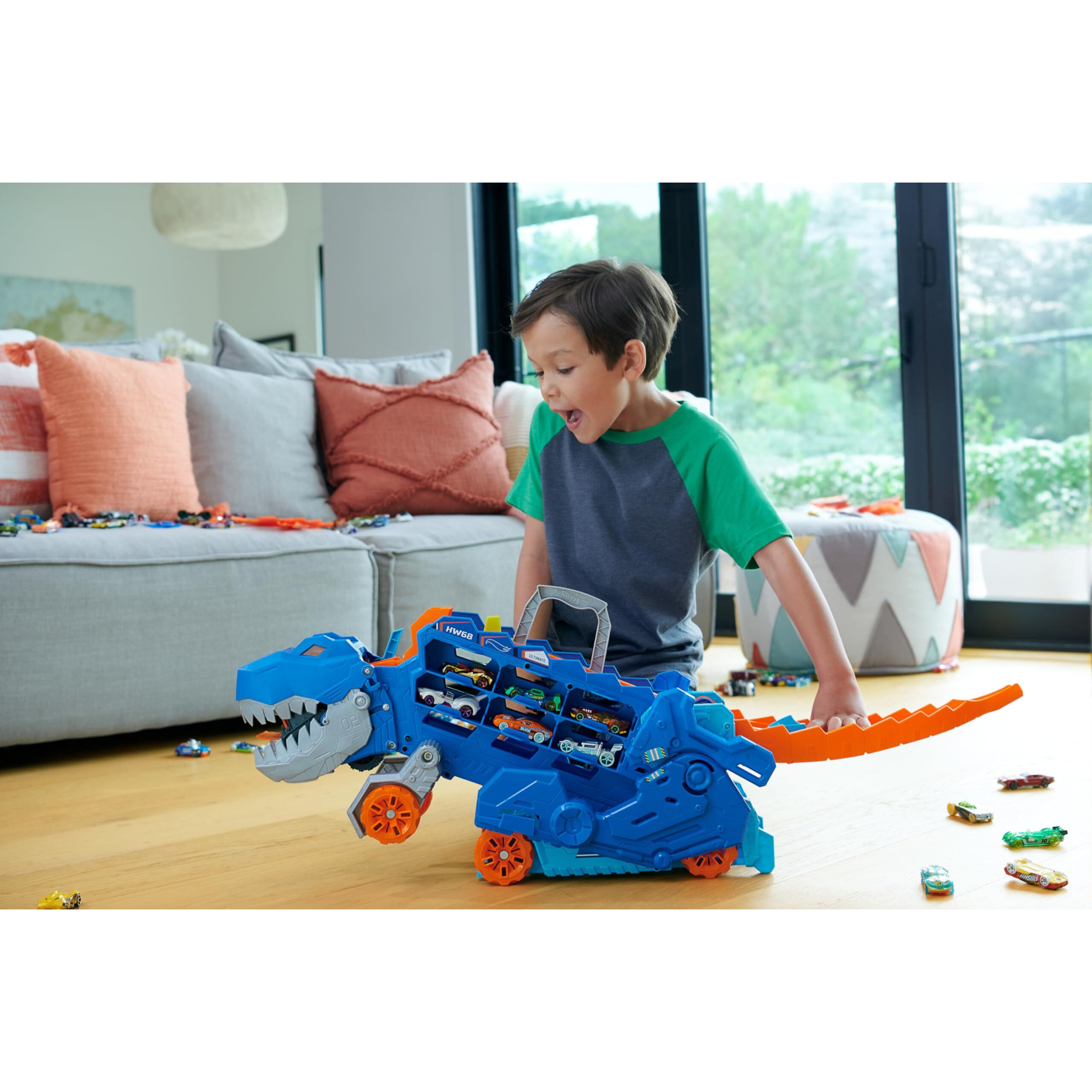 Hot Wheels City Toy Car Track Set Ultimate T-Rex Transporter, Dinosaur Hauler For 20+ Vehicles, Transforms Into Dino, Lights & Sounds