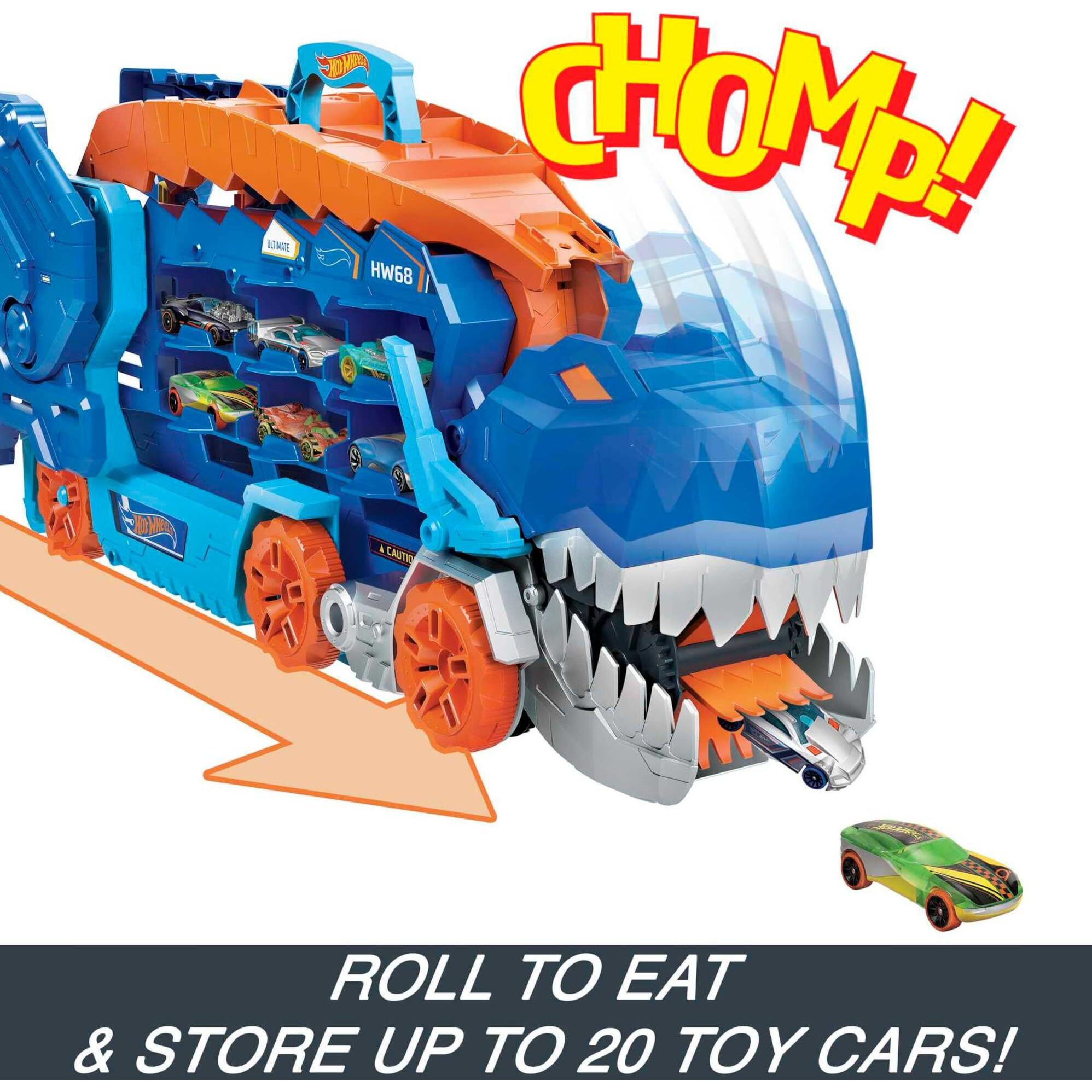 Hot Wheels City Toy Car Track Set Ultimate T-Rex Transporter, Dinosaur Hauler For 20+ Vehicles, Transforms Into Dino, Lights & Sounds