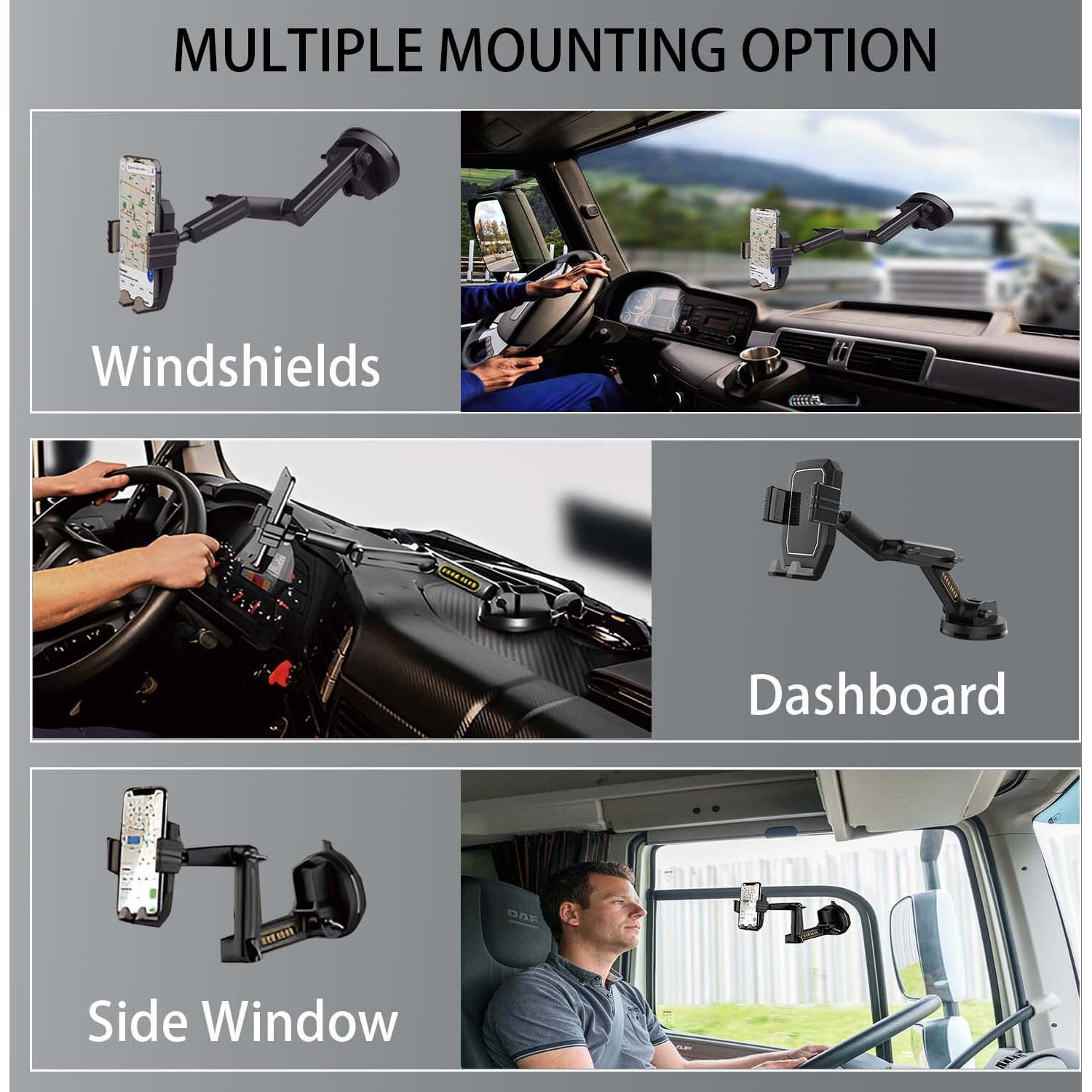 Wuitin Truck Phone Holder Mount,Car Phone Holder,Dashboard Windshield Phone Holder 16.9 Inch Long Arm,Super Suction Cup Compatible With Pickup Truck,Commercial Truck And All Phone
