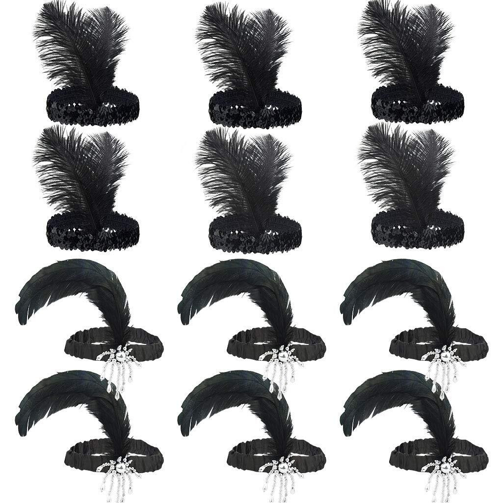 Tongcloud 12Pcs 1920S Flapper Headband, Costume Flapper Headpiece For Women, Black Feather Headband, Great Gatsby 1920S Hair Accessory, Vintage Headpiece For Gatsby Theme Party (Black)