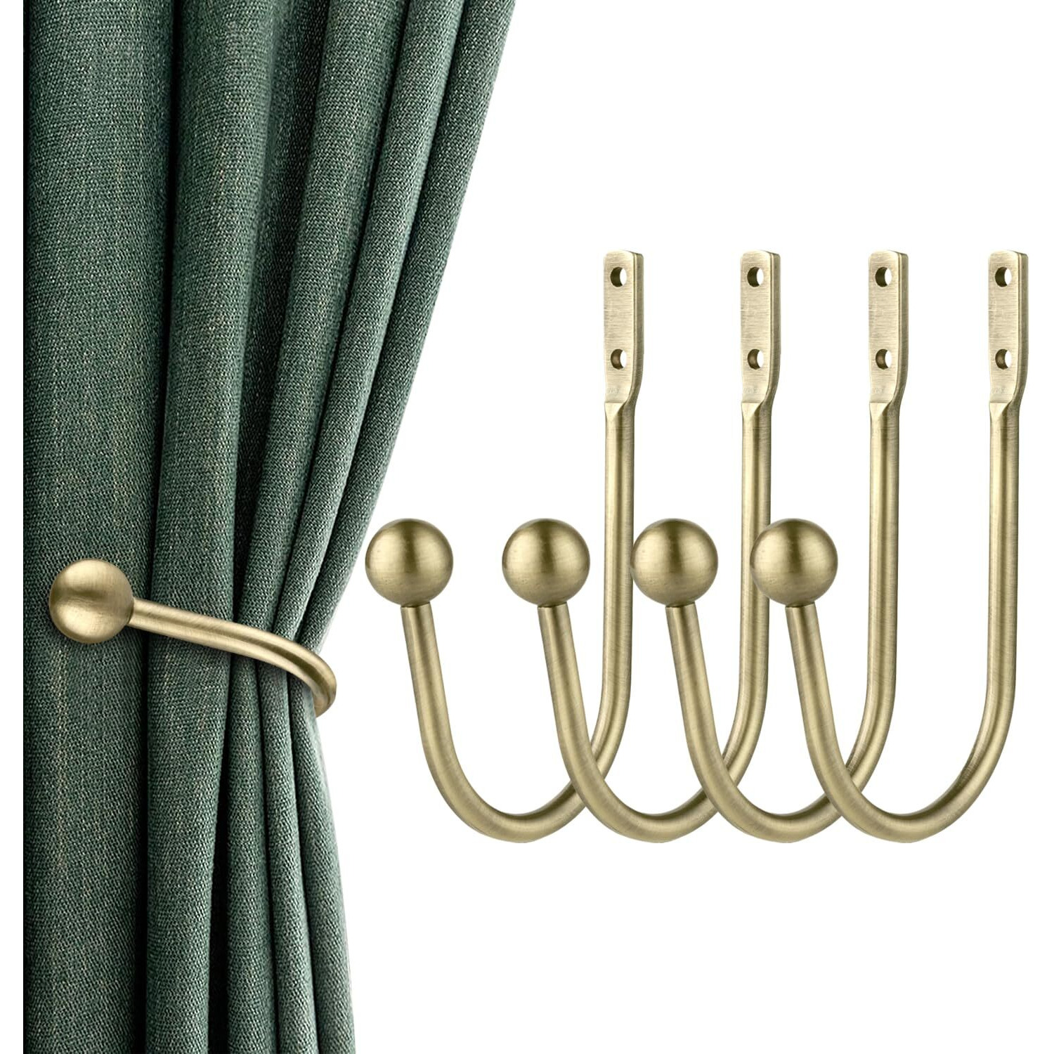 Curtain Holdbacks, 4 Pcs Curtains Holder Wall Mounted Drapery Tiebacks Retro Window Hook For Home Decor, Antique Brass
