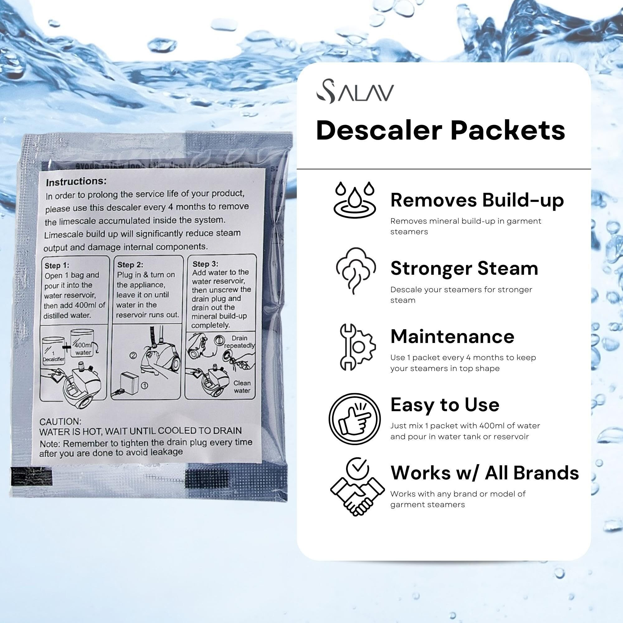 Garment Steamer Descaling Solution Decalcifier Packets For Mineral Deposits And Build-Up Removal, Maintenance For Clothes Steamer, Works With All Garment Steamer Brands, Cleans Build Up, 5 Packs