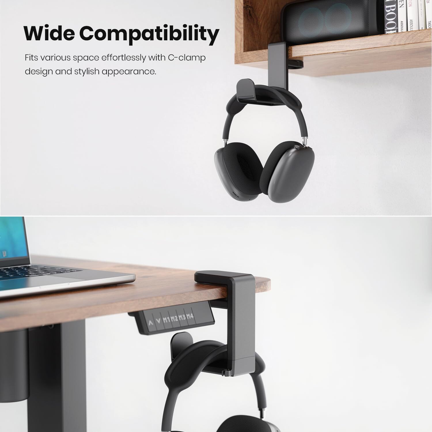 Pc Gaming Headset Headphone Hook Holder Hanger Mount, Headphones Stand With Adjustable & Rotating Arm Clamp, Under Desk Design, Universal Fit, Built In Cable Clip Organizer Eurpmask
