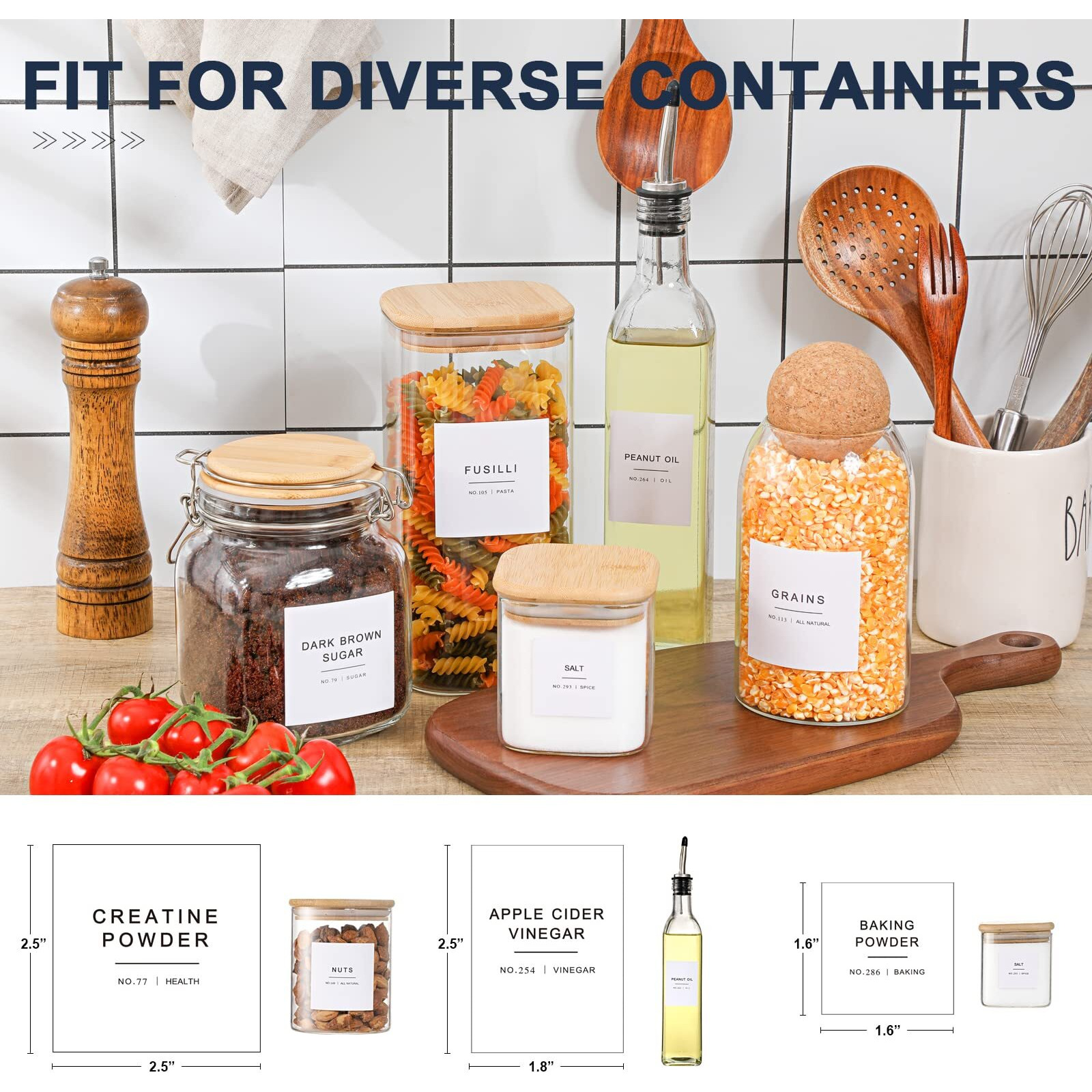 308 Kitchen Pantry Labels For Food Containers, 3 Sizes White Minimalist Organizing, Jars, Storage Bins, Preprinted Waterproof Containers