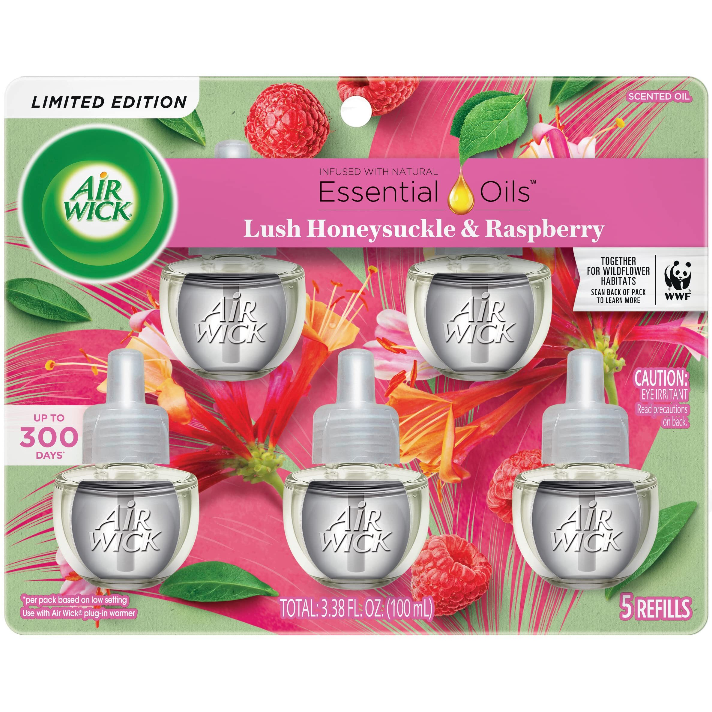 Air Wick Plug In Scented Oil Refill, 5 Ct, Lush Honeysuckle And Raspberry, Air Freshener, Essential Oils, Spring Collection