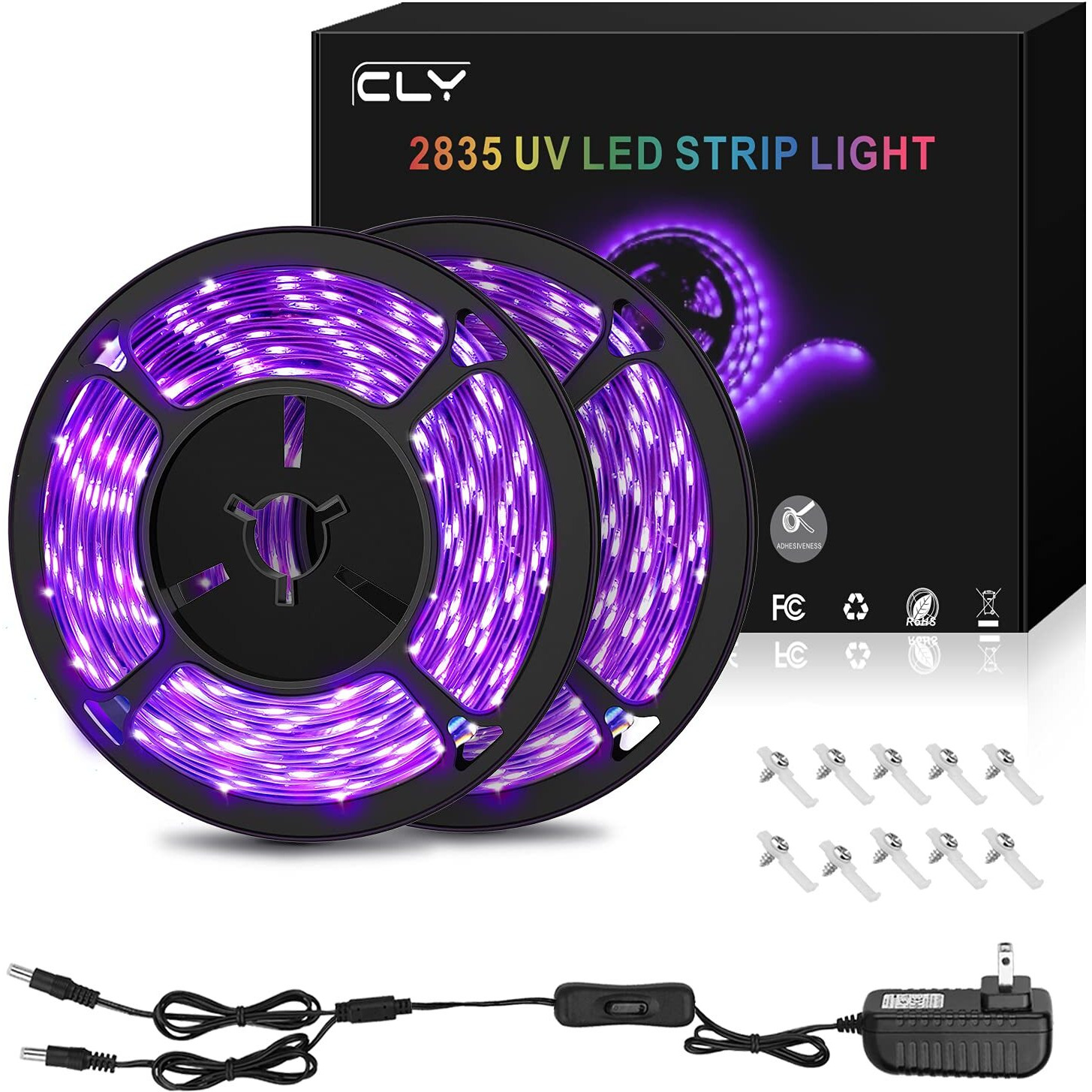 Cly 33Ft Led Uv Black Light Strip Kit, 600 Units Uv Lamp Beads, 12V Flexible Blacklight Fixtures, 10M Led Ribbon String Light For Indoor Decor Fluorescent Dance Glow Birthday Party Stage Lighting