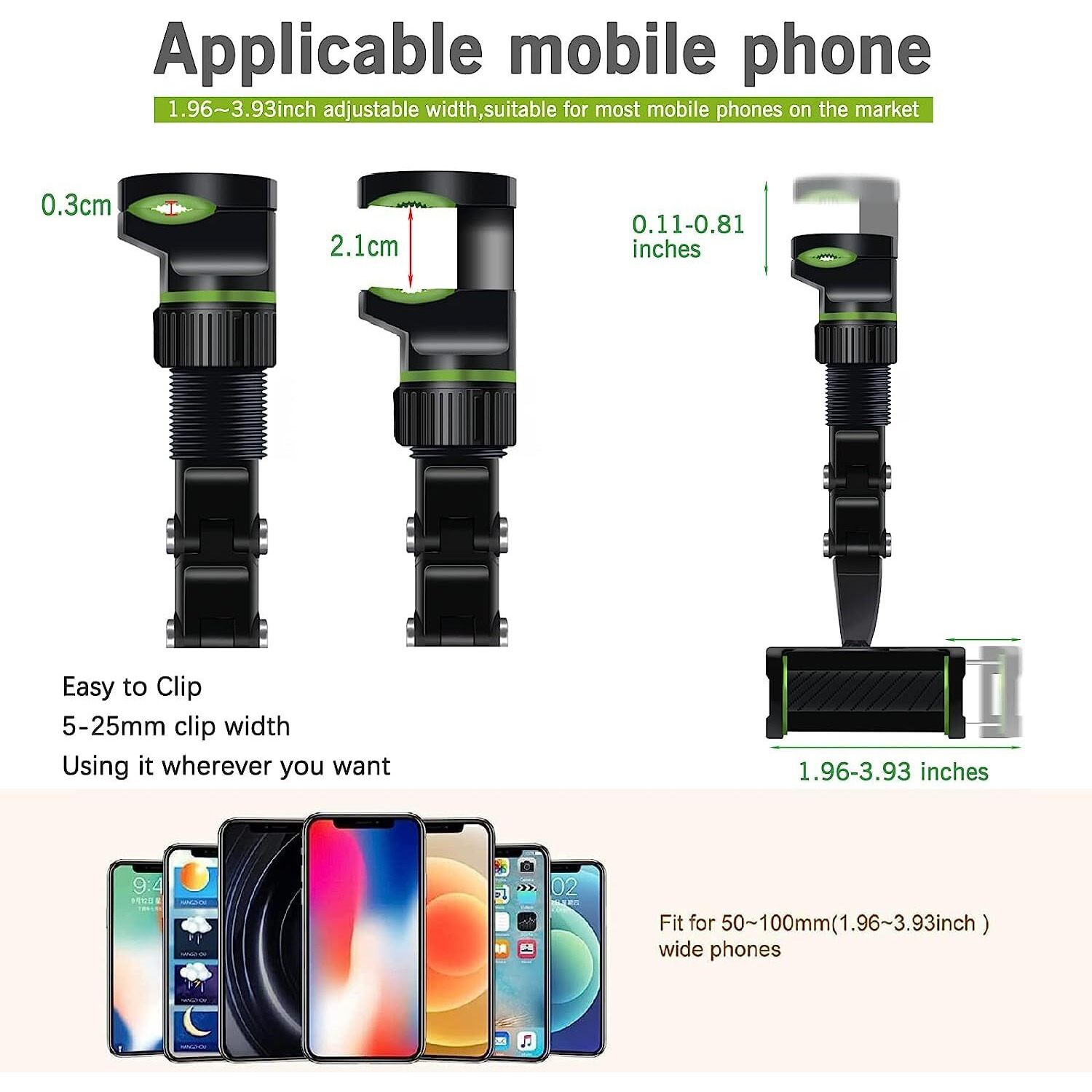 Banhey Rearview Mirror Phone Holder For Car-360 Rotatable And Retractable Car Phone Holder With Adjustable Length Upgraded Multifunctional Rearview Mirror Phone Holder (Black)