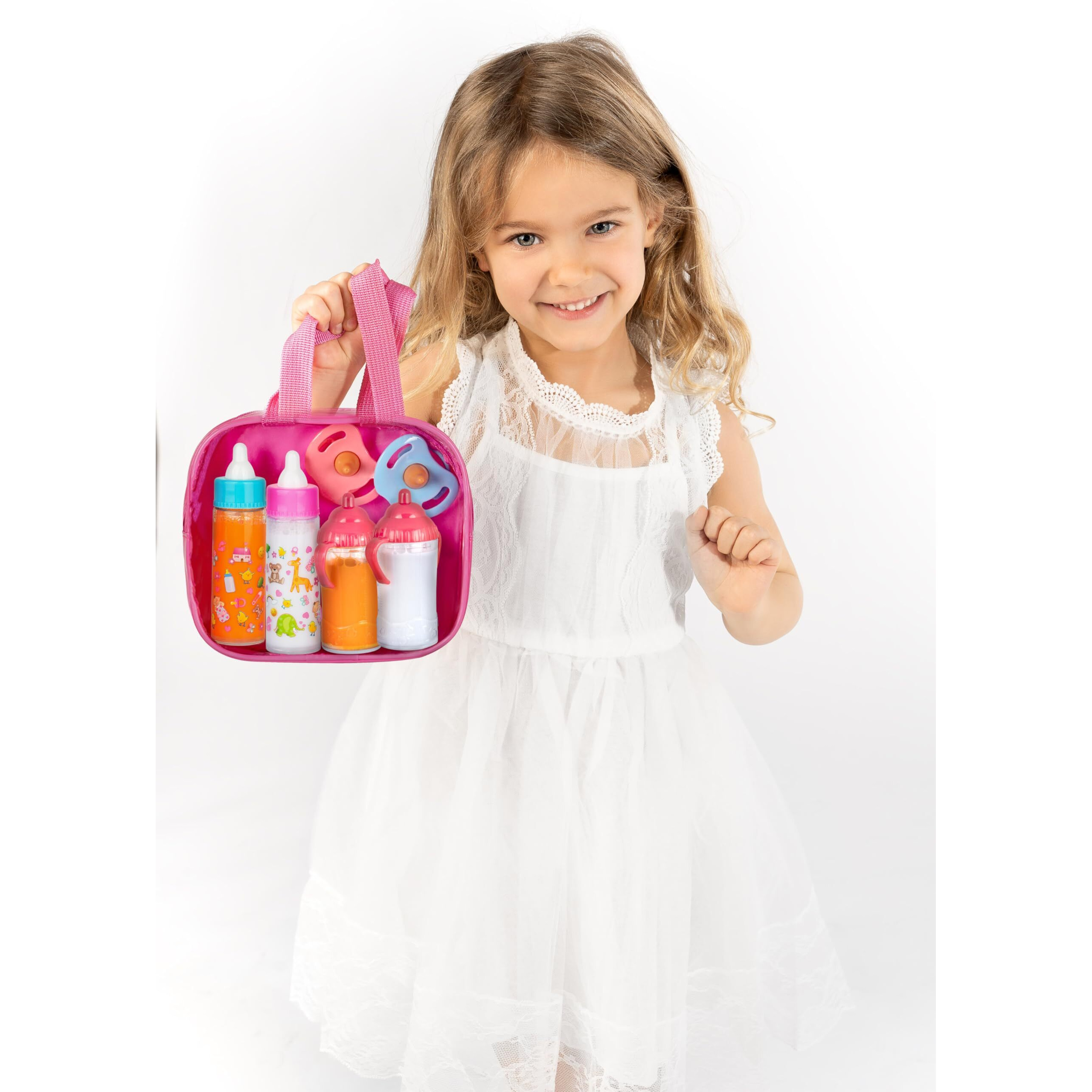 Fash N Kolor, My Sweet Baby Disappearing Doll Feeding Set | Baby Care 6 Piece Doll Feeding Set For Toy Stroller | 2 Milk & Juic (Hot-Pink Bag)