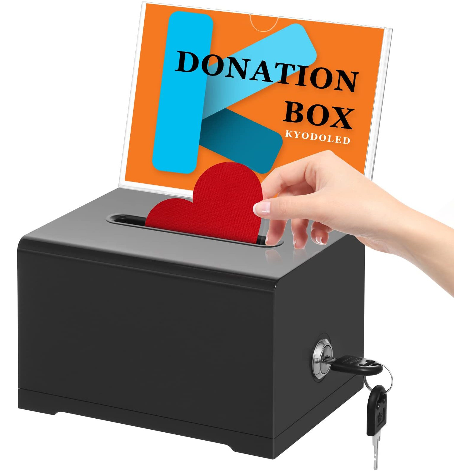Kyodoled Black Donation Box With Lock,Ballot Box With Sign Holder,Suggestion Box Storage Container For Voting, Raffle Box,Tip Jar 6.2" X 4.6" X 4.0"