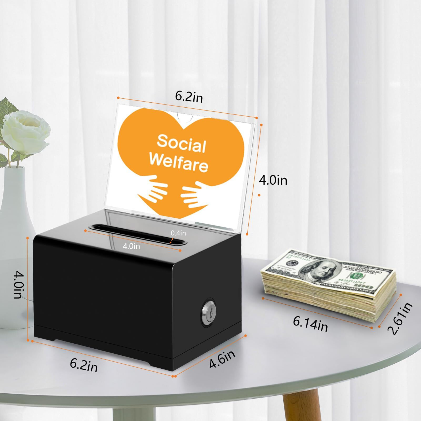 Kyodoled Black Donation Box With Lock,Ballot Box With Sign Holder,Suggestion Box Storage Container For Voting, Raffle Box,Tip Jar 6.2" X 4.6" X 4.0"