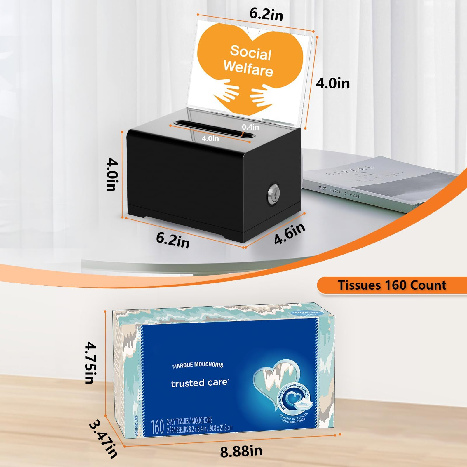 Kyodoled Black Donation Box With Lock,Ballot Box With Sign Holder,Suggestion Box Storage Container For Voting, Raffle Box,Tip Jar 6.2" X 4.6" X 4.0"