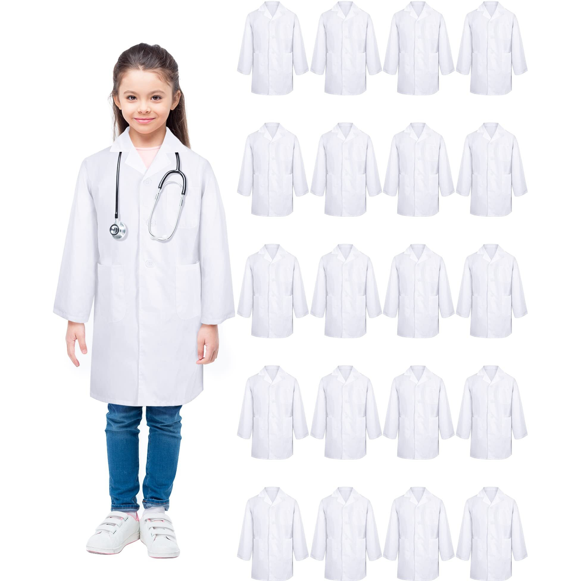 Newcotte 20 Pcs Unisex Kids Lab Coat Soft Children Science Doctor White Toddler Costume For Boys Girls Cosplay School (Small)