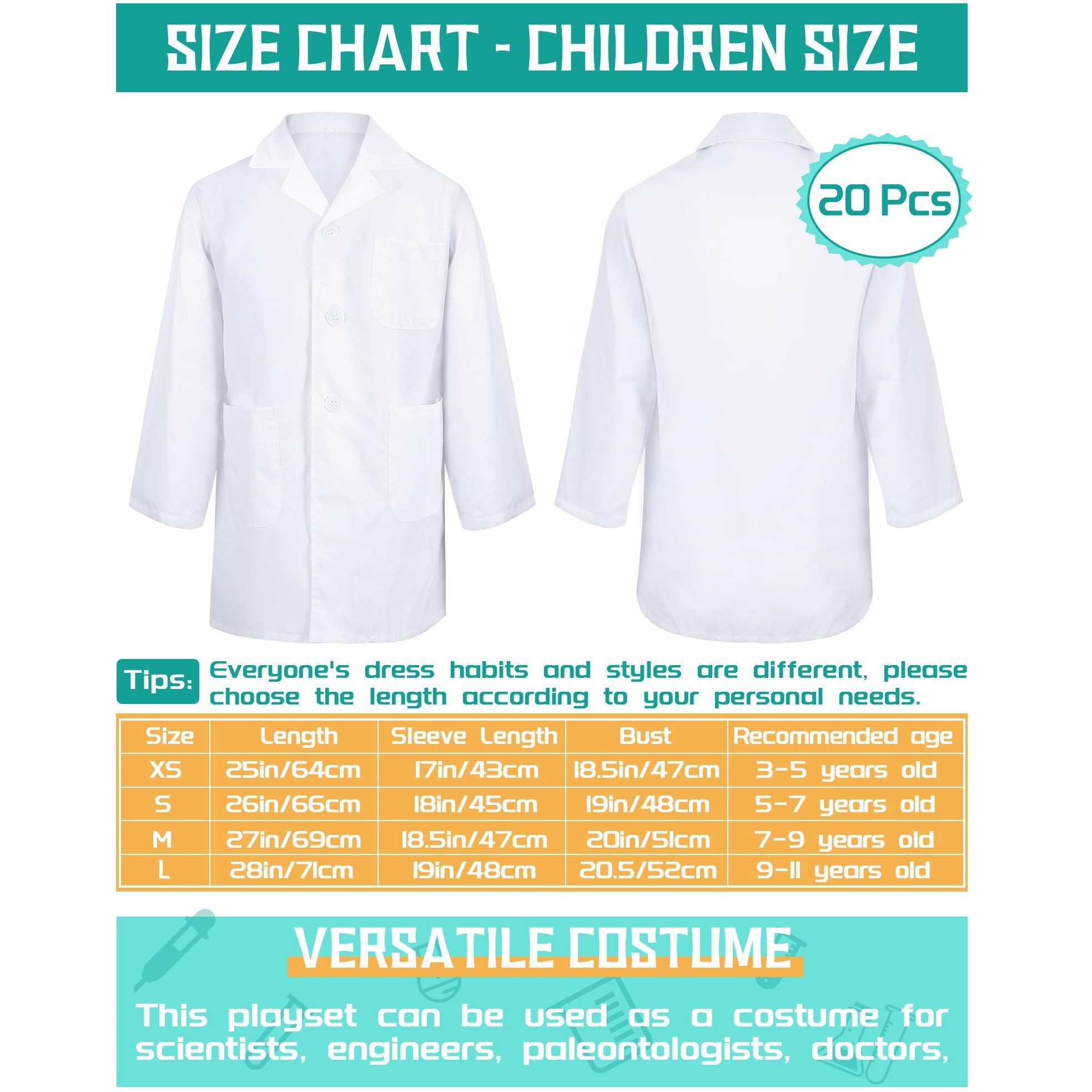 Newcotte 20 Pcs Unisex Kids Lab Coat Soft Children Science Doctor White Toddler Costume For Boys Girls Cosplay School (Small)