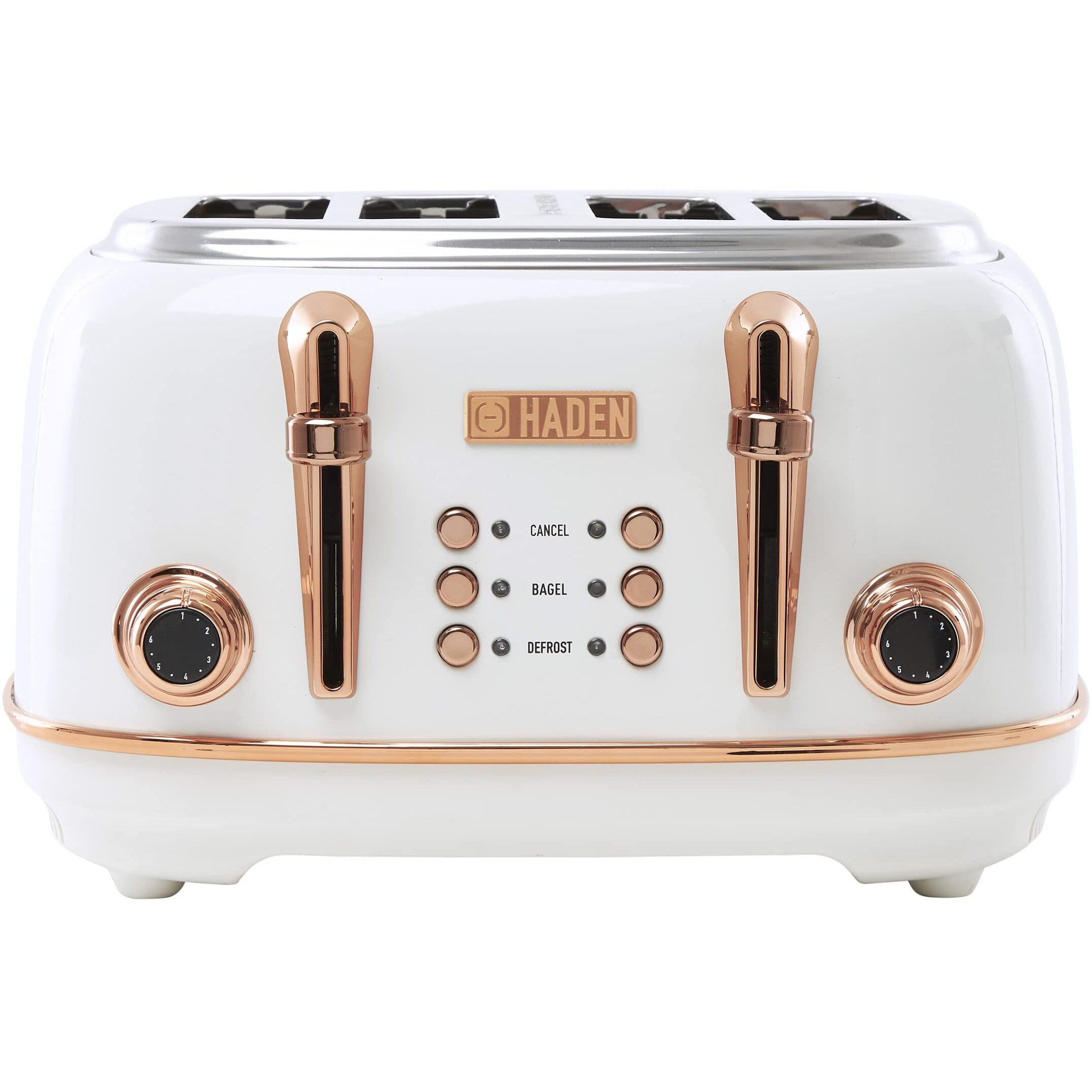 Haden Heritage 4-Slice Wide Slot Retro Toaster With Automatic Self-Center, Adjustable Settings, Reheat/Defrost, & Removable Crumb Tray, Ivory/Copper