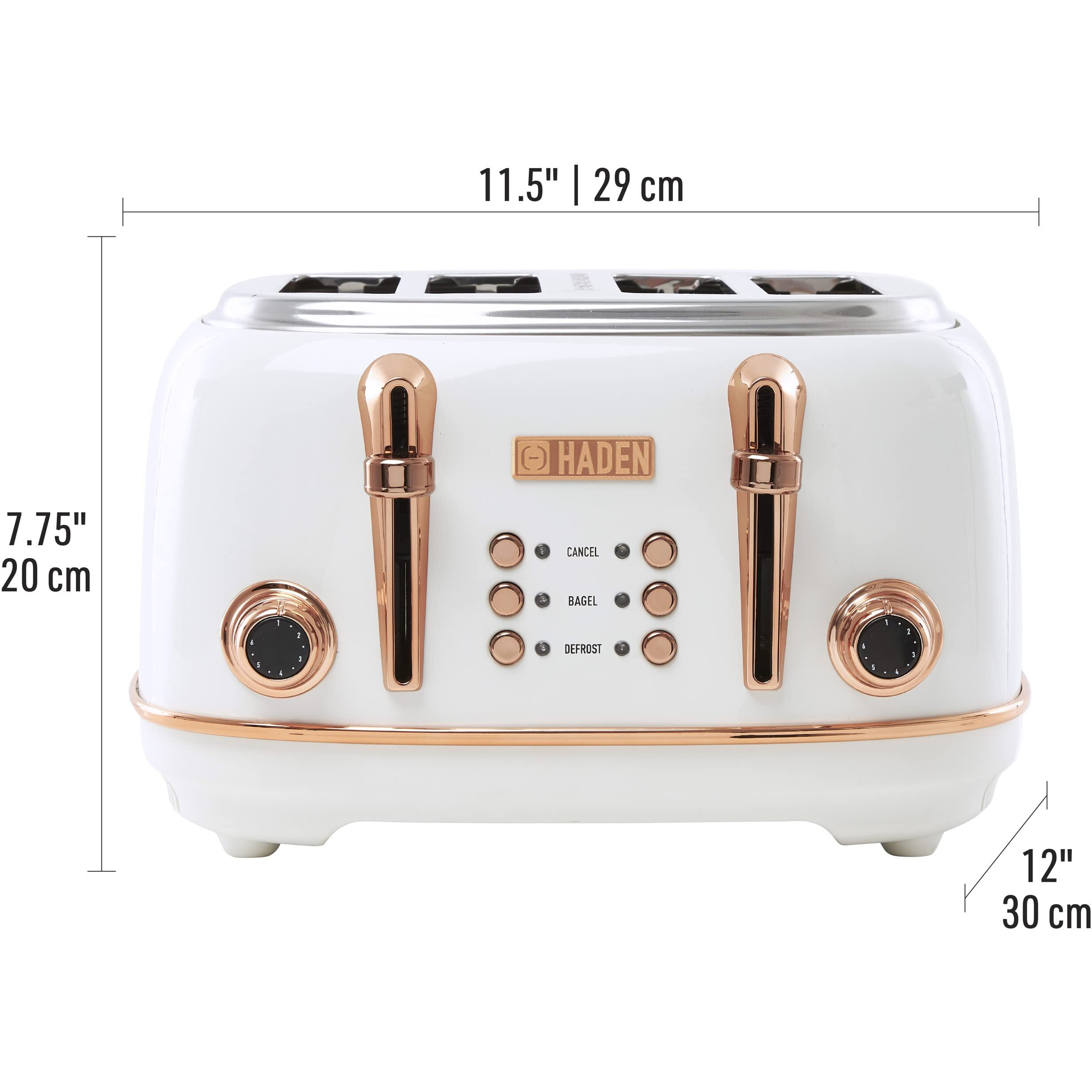 Haden Heritage 4-Slice Wide Slot Retro Toaster With Automatic Self-Center, Adjustable Settings, Reheat/Defrost, & Removable Crumb Tray, Ivory/Copper
