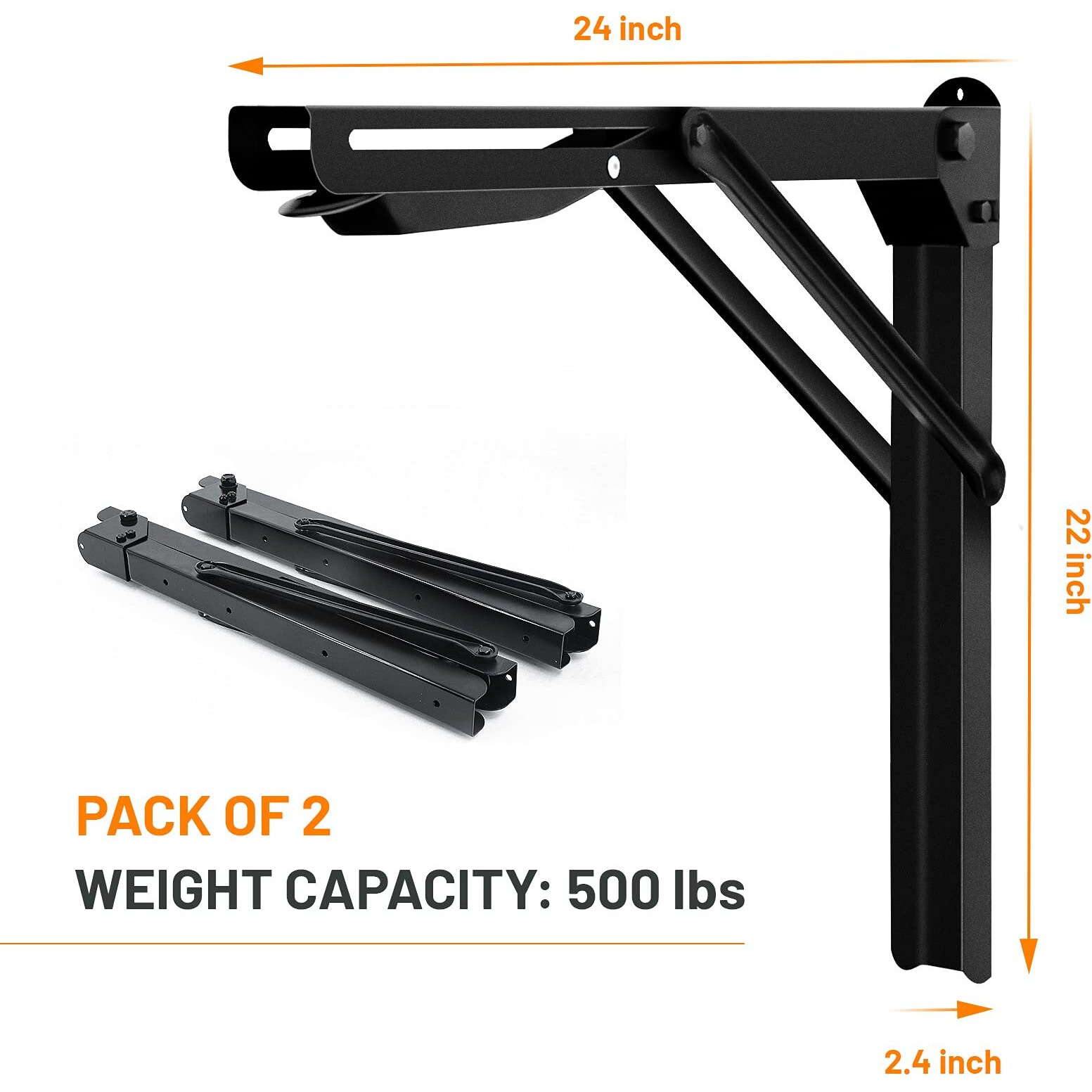 Wallmaster 24Inch Folding Shelf Brackets Garage Heavy Duty Steel Max Load 500Lb Floating Wall Mounted Collapsible Shelf Bracket Space Saving (Pack Of 2, No Board)
