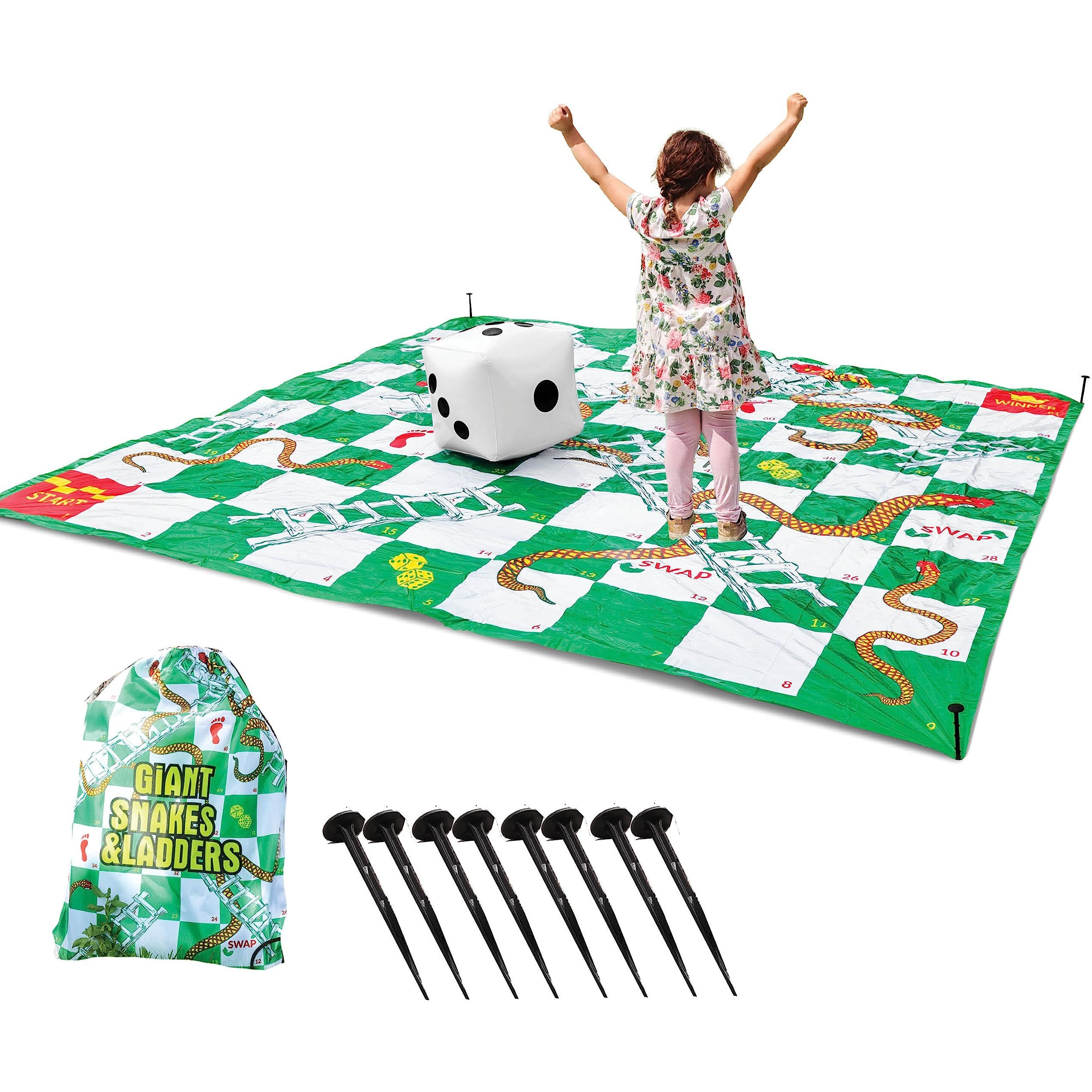 Upper Midland Products Giant Snakes & Ladders Game 9.8 X Foot Life Size Playing Mat With 8 Ground Pegs A Large Inflatable 15'' Dice, Storage Carrying Bag - Yard Games For The Whole Family