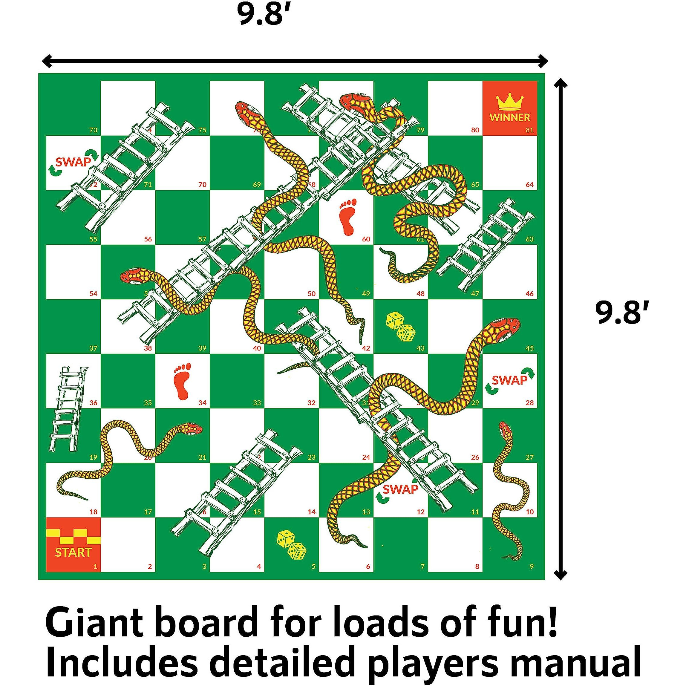 Upper Midland Products Giant Snakes & Ladders Game 9.8 X Foot Life Size Playing Mat With 8 Ground Pegs A Large Inflatable 15'' Dice, Storage Carrying Bag - Yard Games For The Whole Family
