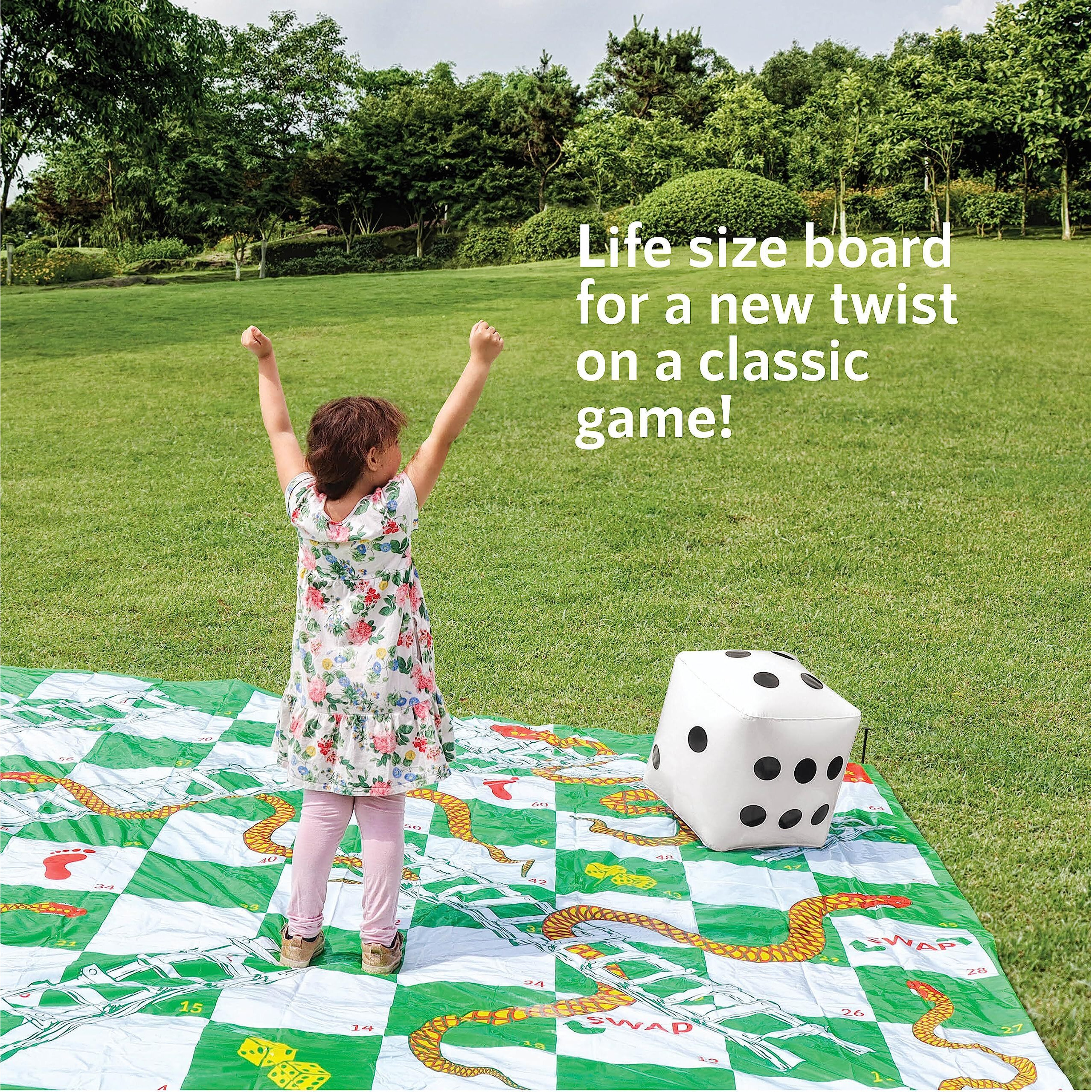 Upper Midland Products Giant Snakes & Ladders Game 9.8 X Foot Life Size Playing Mat With 8 Ground Pegs A Large Inflatable 15'' Dice, Storage Carrying Bag - Yard Games For The Whole Family