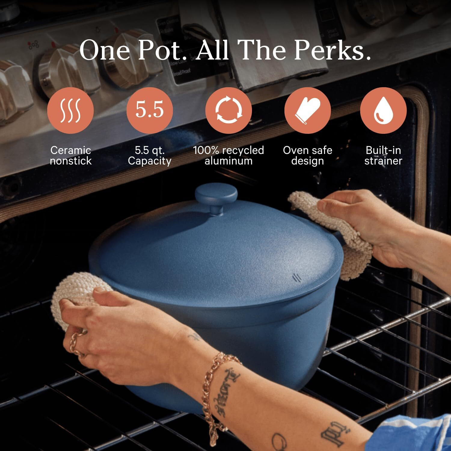 Our Place Perfect Pot - 5.5 Qt. Nonstick Ceramic Sauce Pan With Lid | Versatile Cookware For Stovetop And Oven | Steam, Bake, Braise, Roast | Ptfe And Pfoa-Free | Toxin-Free, Easy To Clean | Blue Salt