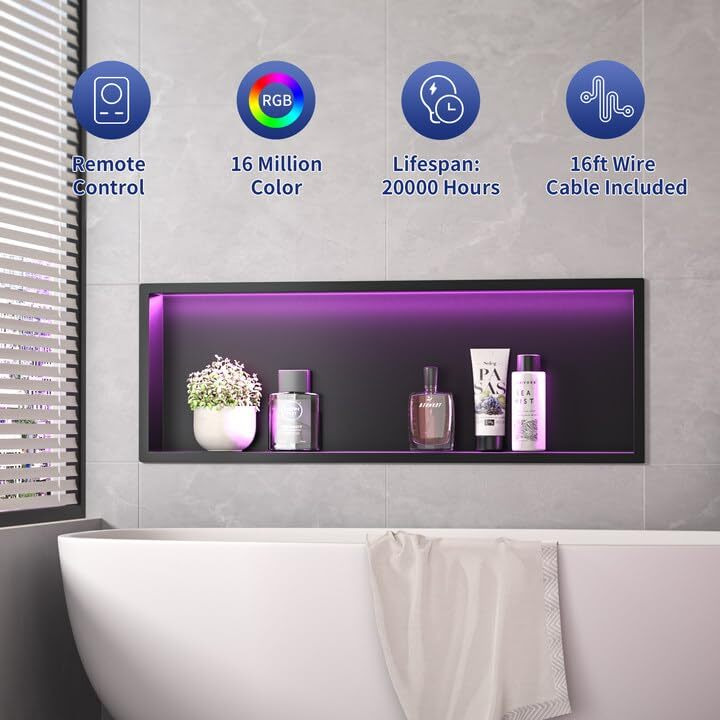 Bernkot Stainless Steel Shower Niche 12" X 36" Matte Black With Rgb Led Light No Tile Needed Wall Niche Recessed Shower Shelf For Bathroom Storage Over Mount Installation