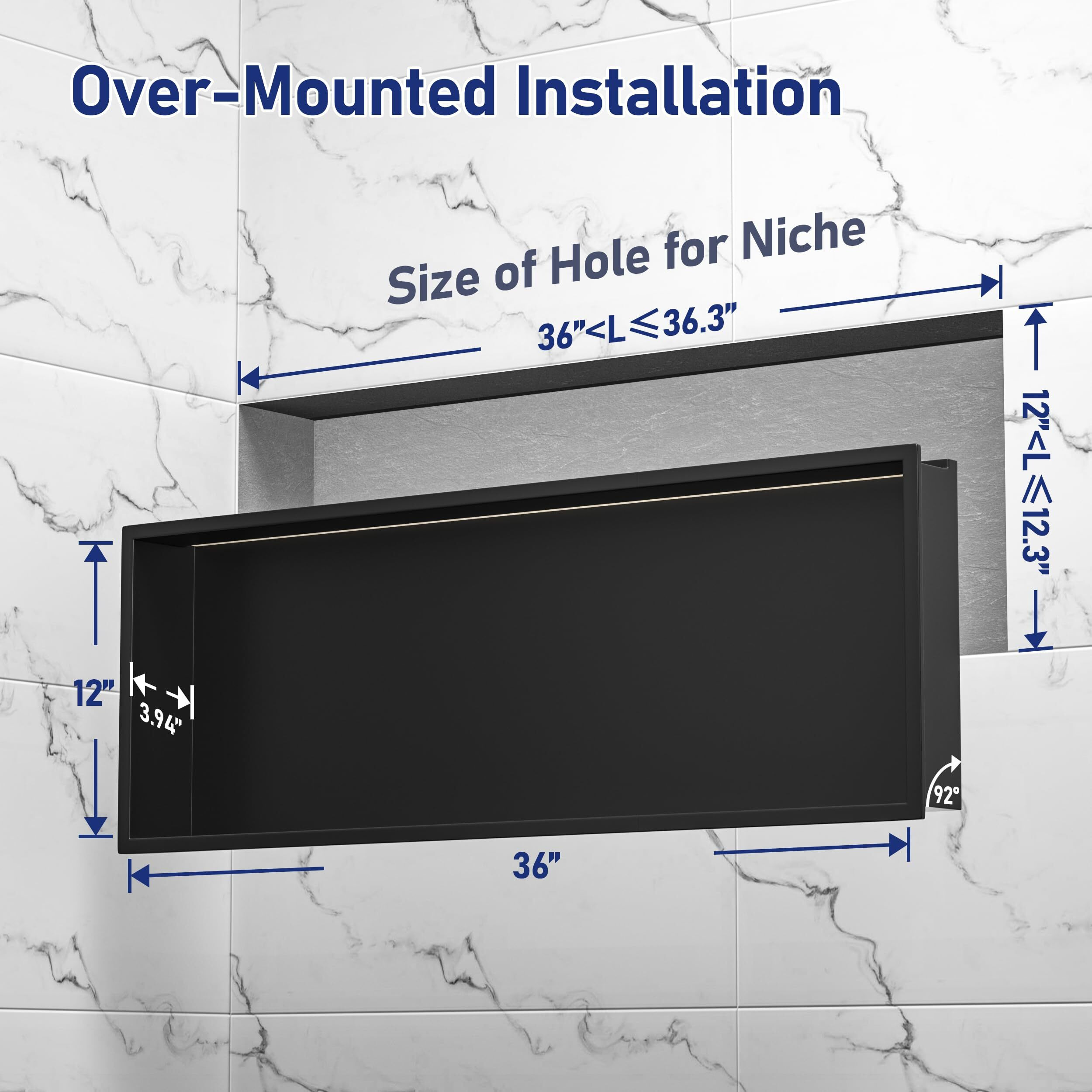 Bernkot Stainless Steel Shower Niche 12" X 36" Matte Black With Rgb Led Light No Tile Needed Wall Niche Recessed Shower Shelf For Bathroom Storage Over Mount Installation