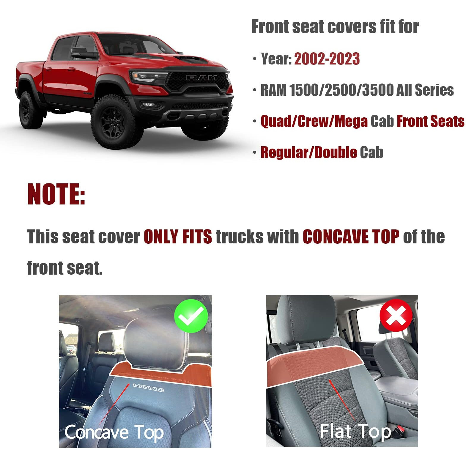 Truckiipa Dodge Ram Seat Covers Front Pair, Car Seat Cover Waterproof Leather Protector Pickup Truck Accessories, Full Coverage Custom Fit For 2002-2023 Ram 1500 2500 3500 Regular/Double Cab, Black