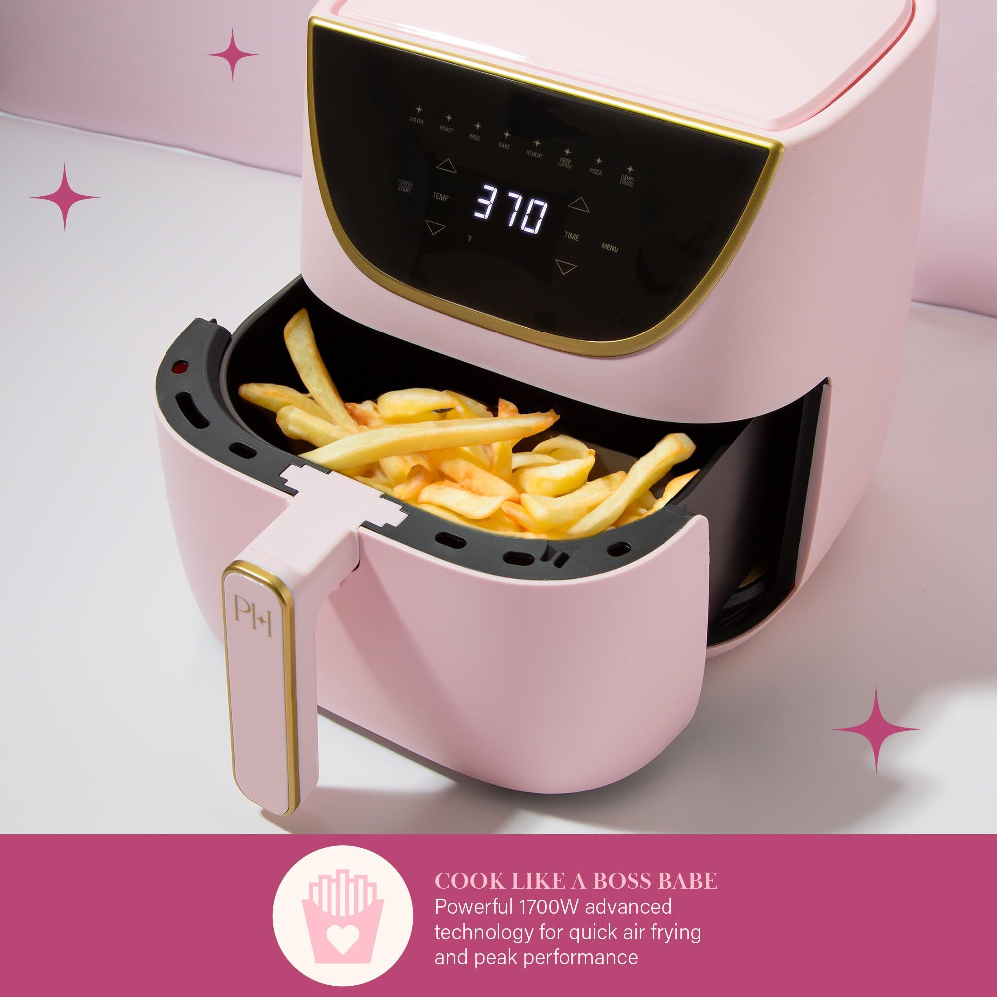 Paris Hilton Air Fryer, Large 6-Quart Capacity, Touchscreen Display, 8-In-1 (Air Fry, Roast, Broil, Bake, Reheat, Keep Warm, Pizza, Dehydrate), Dishwasher Safe And Nonstick Basket And Crisper, Pink